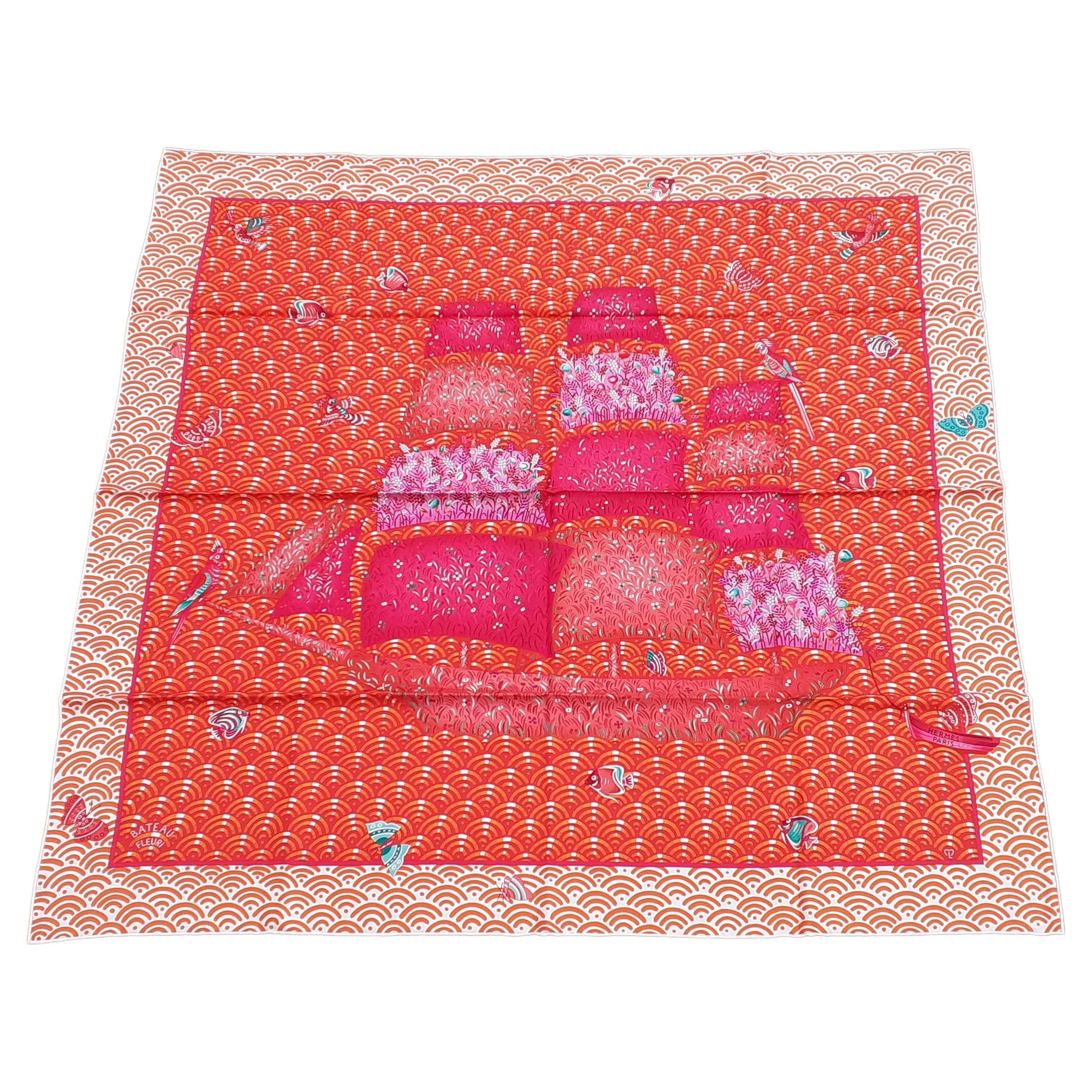Hermès Silk Scarf Bateau Fleuri Ljubomir Milinkov Orange Pink 90 cm For Sale