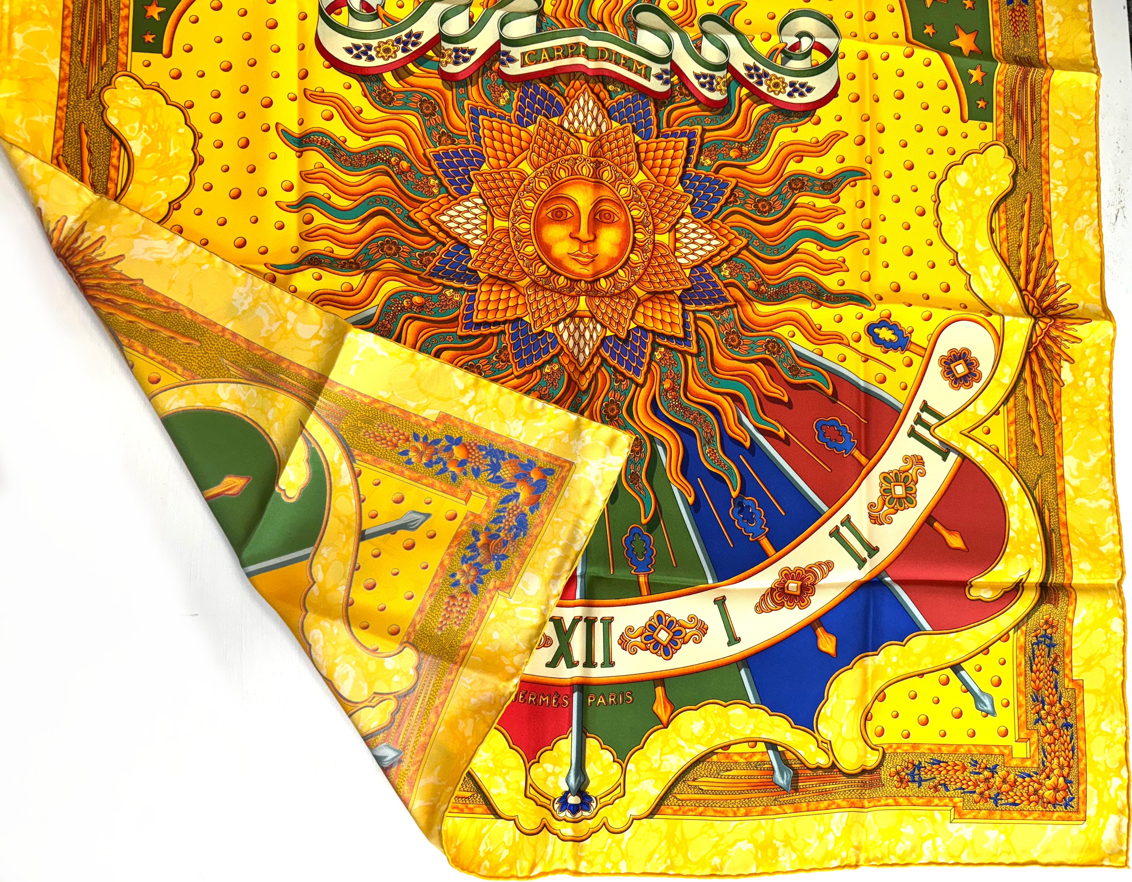 
Hermes Silk Scarf, Carp Diem
Signed, designed in 1994 by Joachim Metz. Golden sun motif with multi-colored stellar motifs on a golden ground, appears to have been never worn, with Hermes box.
35 by 35 in.
Condition Report
Good condition.