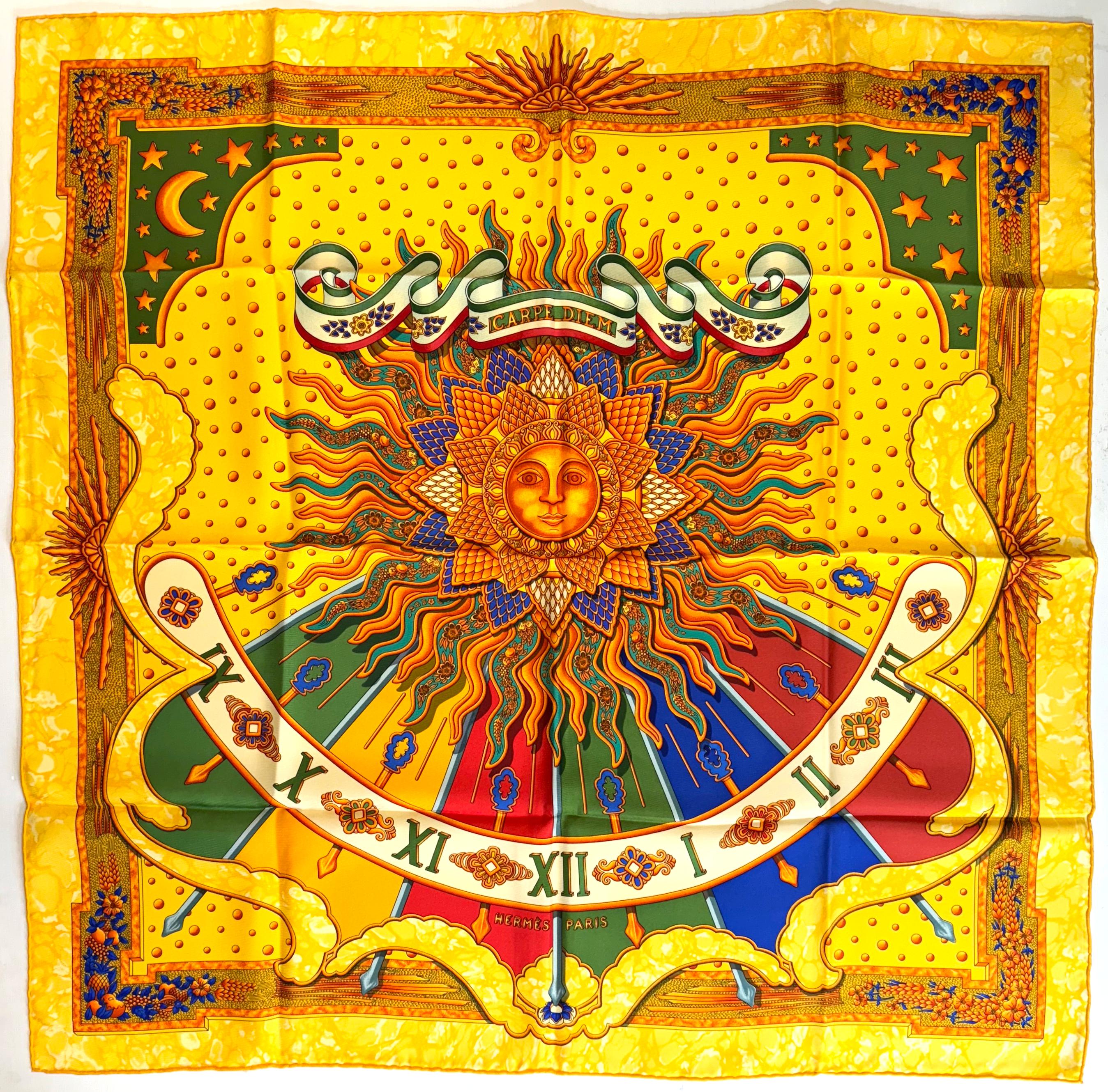 Hermes Silk Scarf, Carp Diem In Good Condition For Sale In West Palm Beach, FL