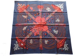 Hermès Silk Scarf Carré Chemin de Corail Annie Faivre Grey Red 90 cm in Box