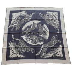 Hermès Silk Scarf Carré Guepards Tattoo Robert Dallet Bleu Noir Blanc 35 inches