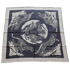 Hermès Silk Scarf Carré Guepards Tattoo Robert Dallet Bleu Noir Blanc 35 inches 