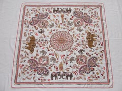 Hermès Silk Scarf Carré Kantha Tigers Elephants Indian Spirit White 35 inches