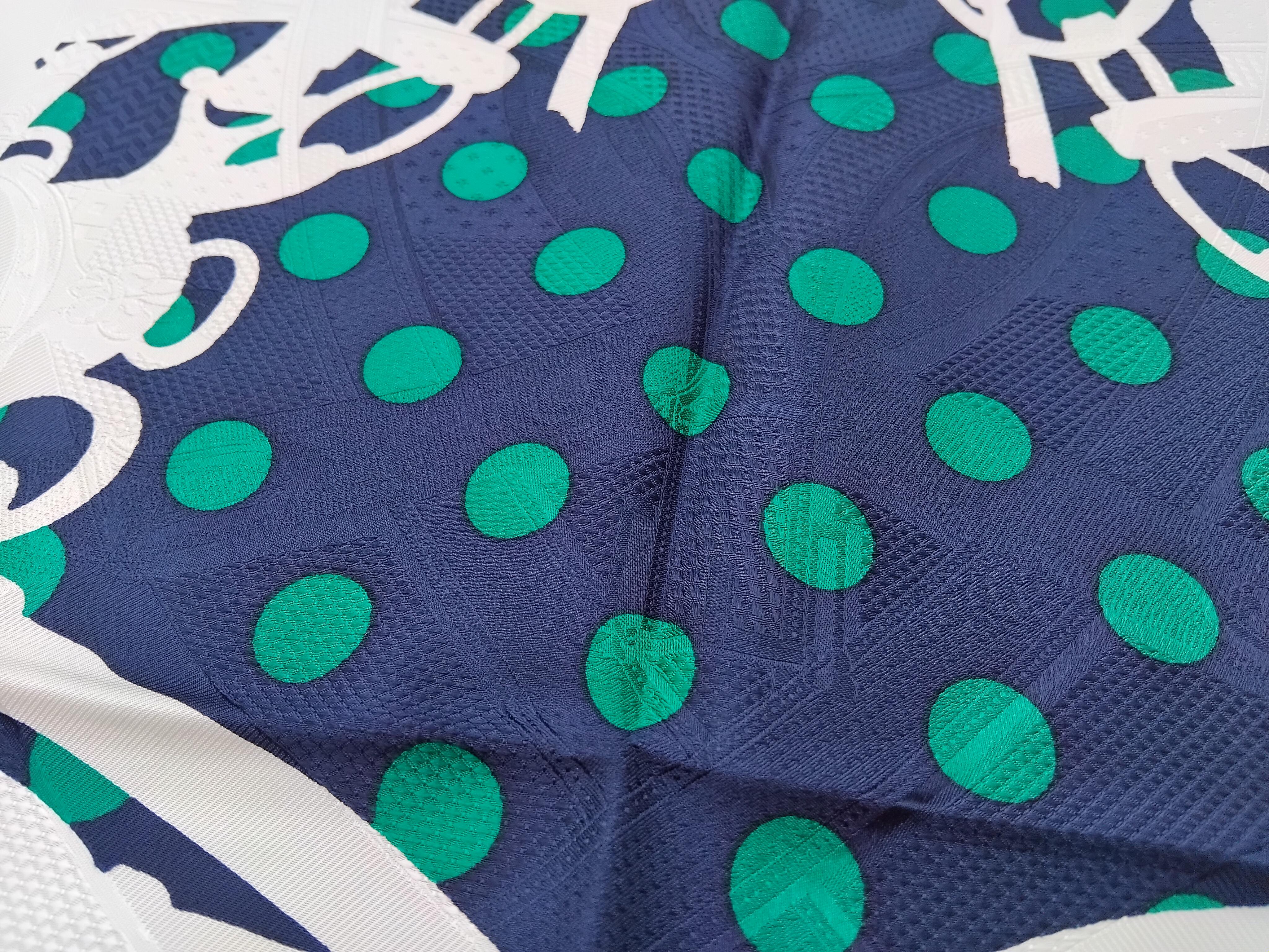 Hermès Silk Scarf Cavalcadour Brides de Gala A Pois Origny Navy Green 35' For Sale 3