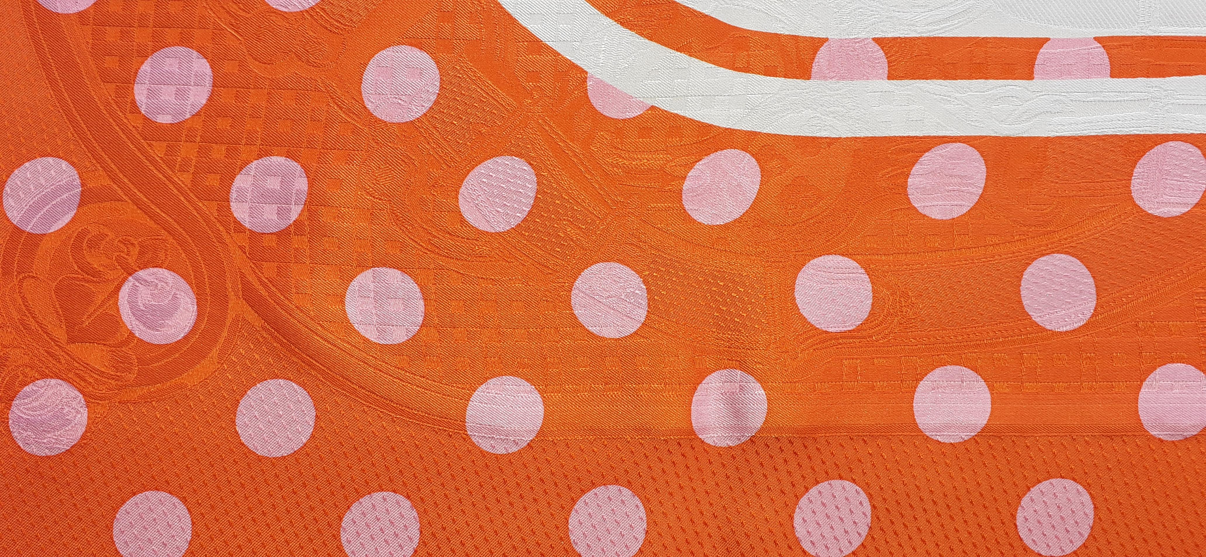 Women's Hermès Silk Scarf Cavalcadour Brides de Gala A Pois Origny Orange Pink 90 cm For Sale