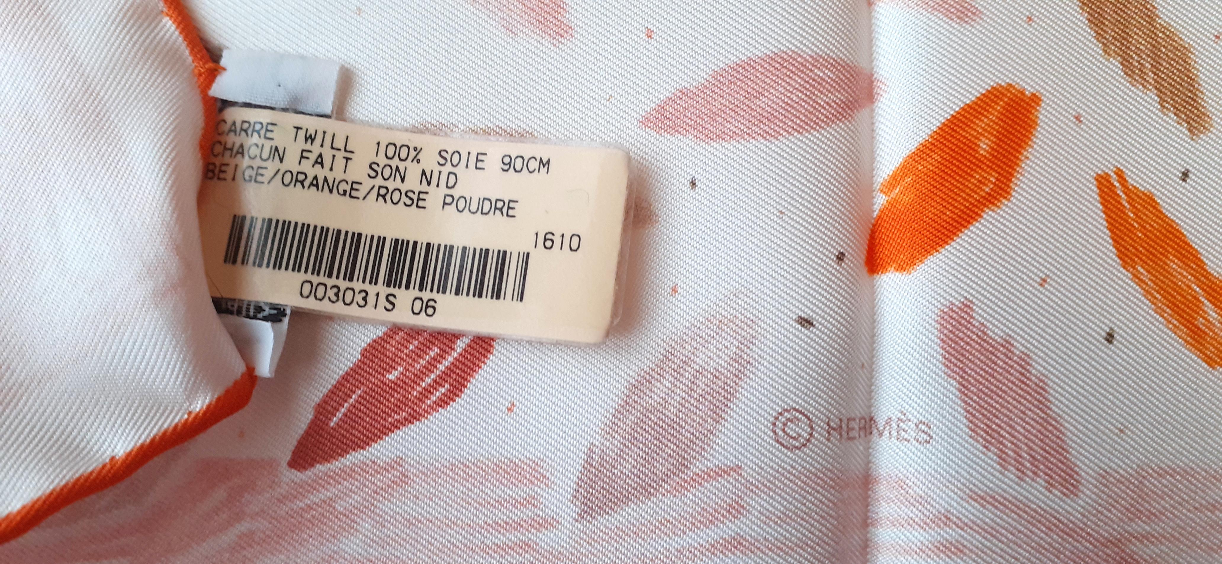 Hermès Silk Scarf Chacun Fait Son Nid Beige Orange Pink 90 cm For Sale 11