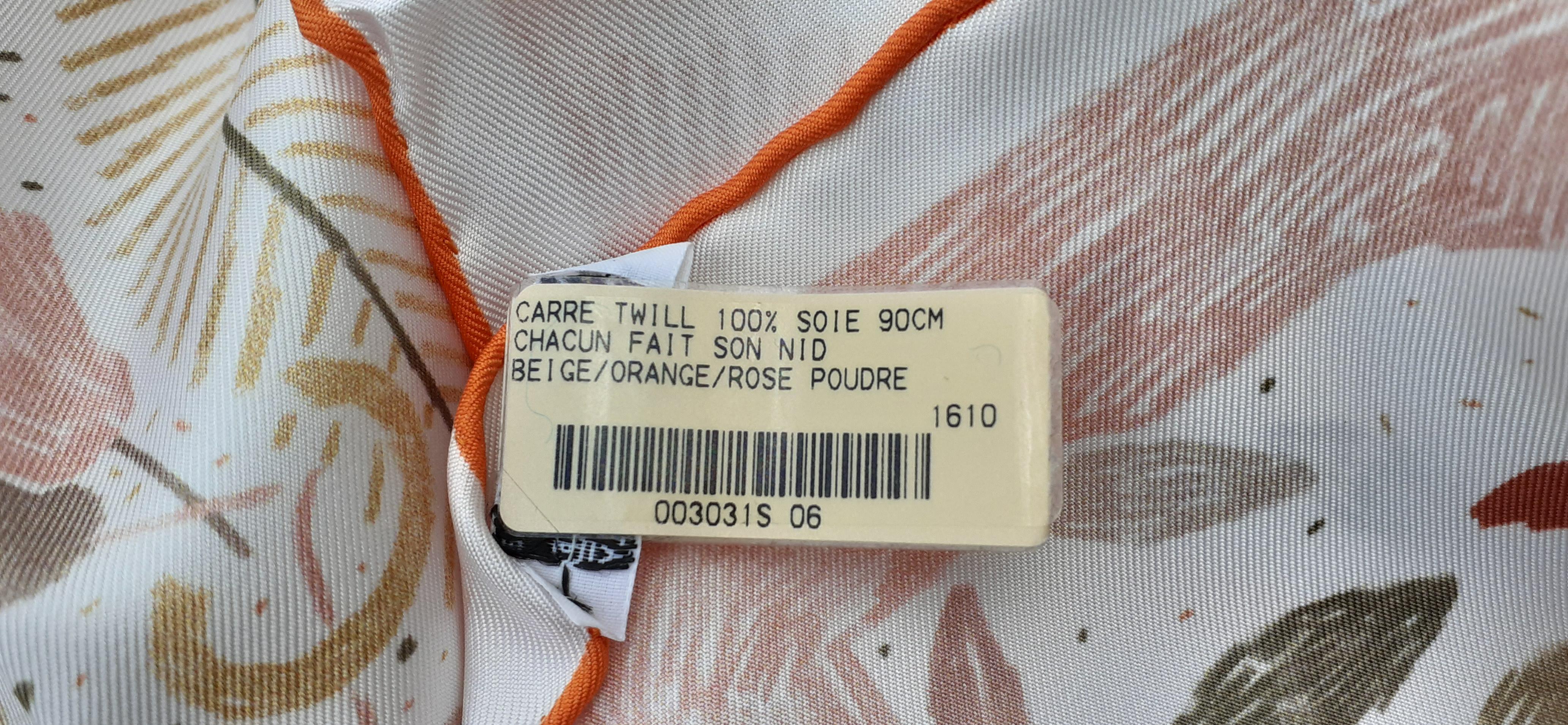 Hermès Silk Scarf Chacun Fait Son Nid Beige Orange Pink 90 cm For Sale 3