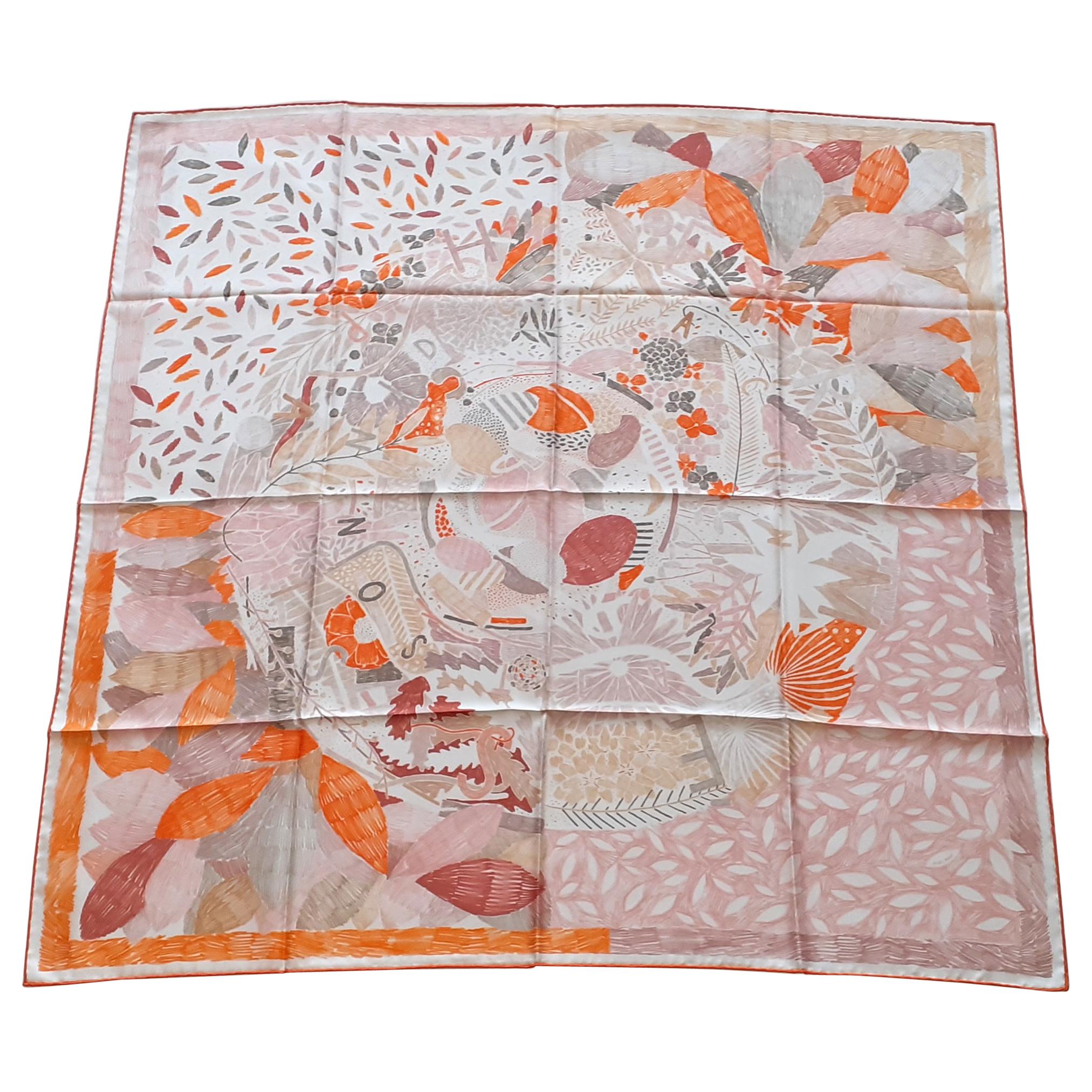 Hermès Seidenschal Chacun Fait Son Nid Beige Orange Rosa 90 cm im Angebot