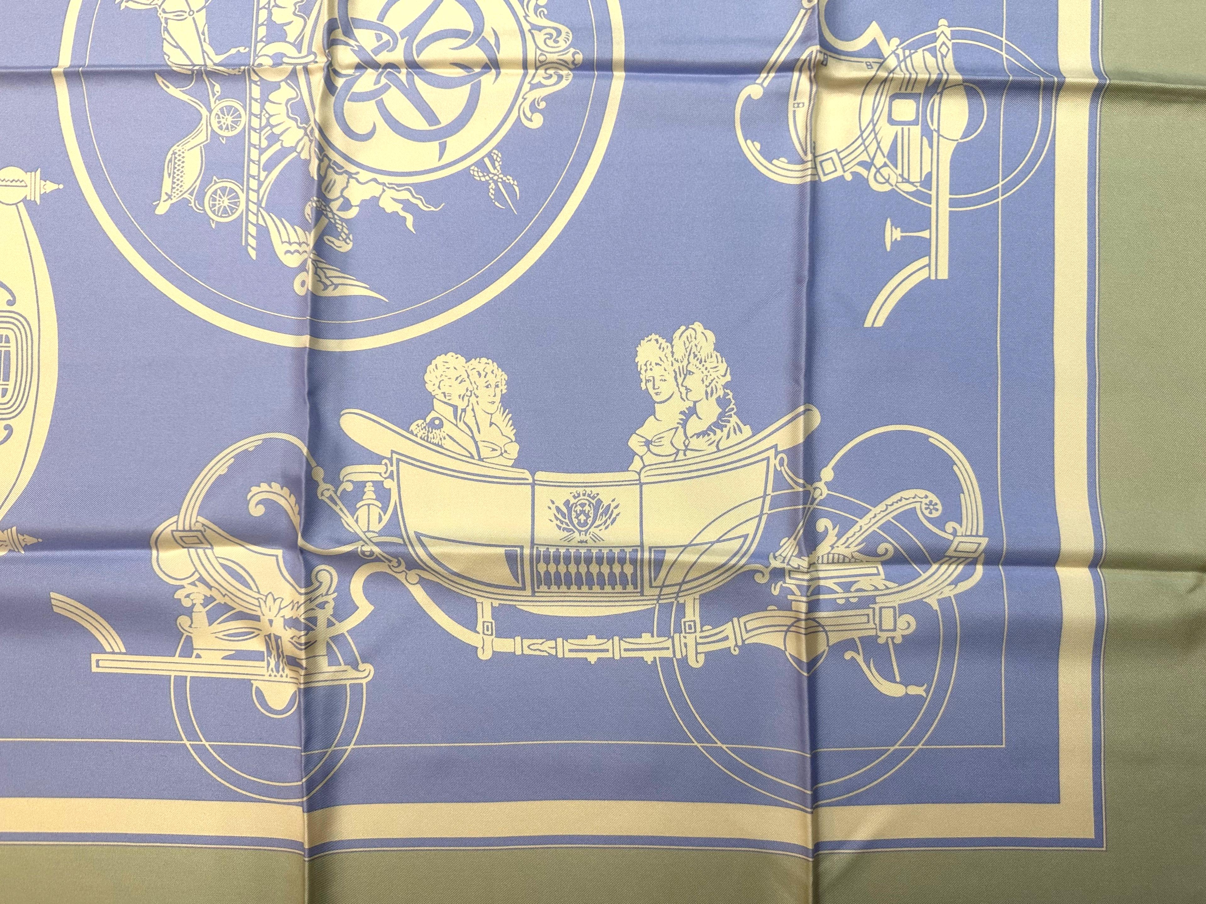 
Hermes Silk Scarf, Coach Design, in lavender and celadon. 35 by 35 in.
Condition Report
Good condition, lacks box.