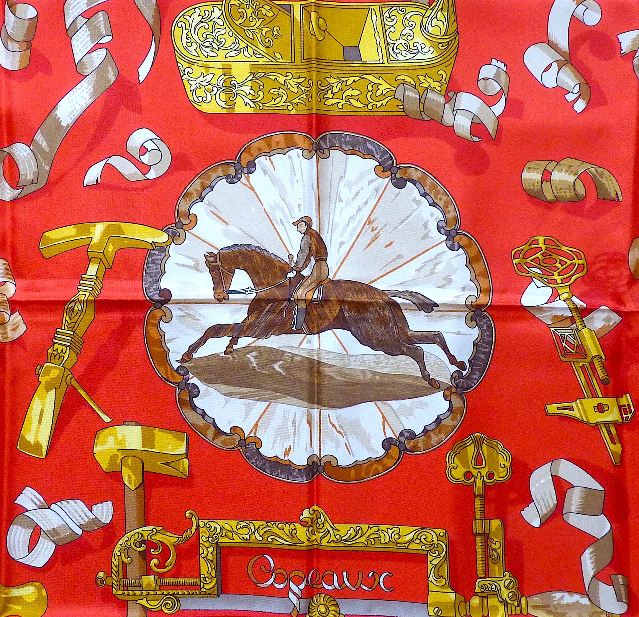 HERMES Scarf Copeaux by Caty Latham,  Never Worn, only one single edition in 1998

Red Background, Gold Pattern

CONDITION : Pristine Condition ! Never worn !

Care Tag attached, 100% Silk Twill, no box

Size : around 35