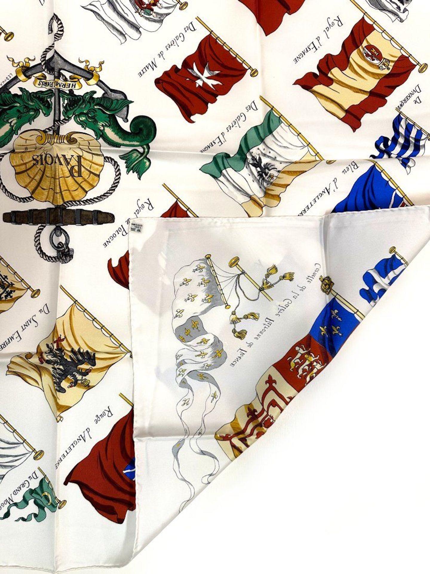 Beige Hermes Silk Scarf, Cornette De La Galere Patronne de France with box and ribbon For Sale