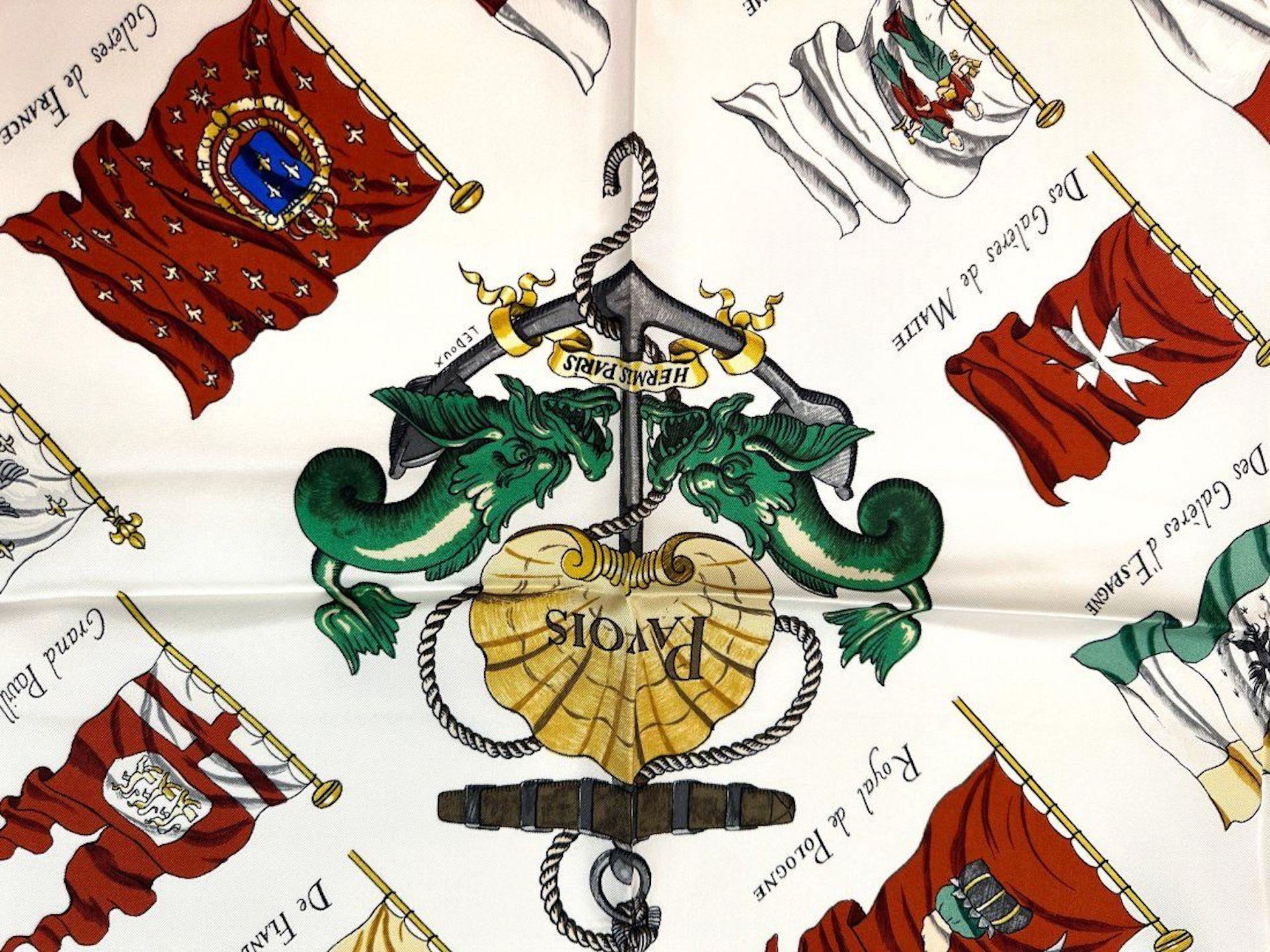 Hermes Silk Scarf, Cornette De La Galere Patronne de France with box and ribbon In Good Condition For Sale In West Palm Beach, FL