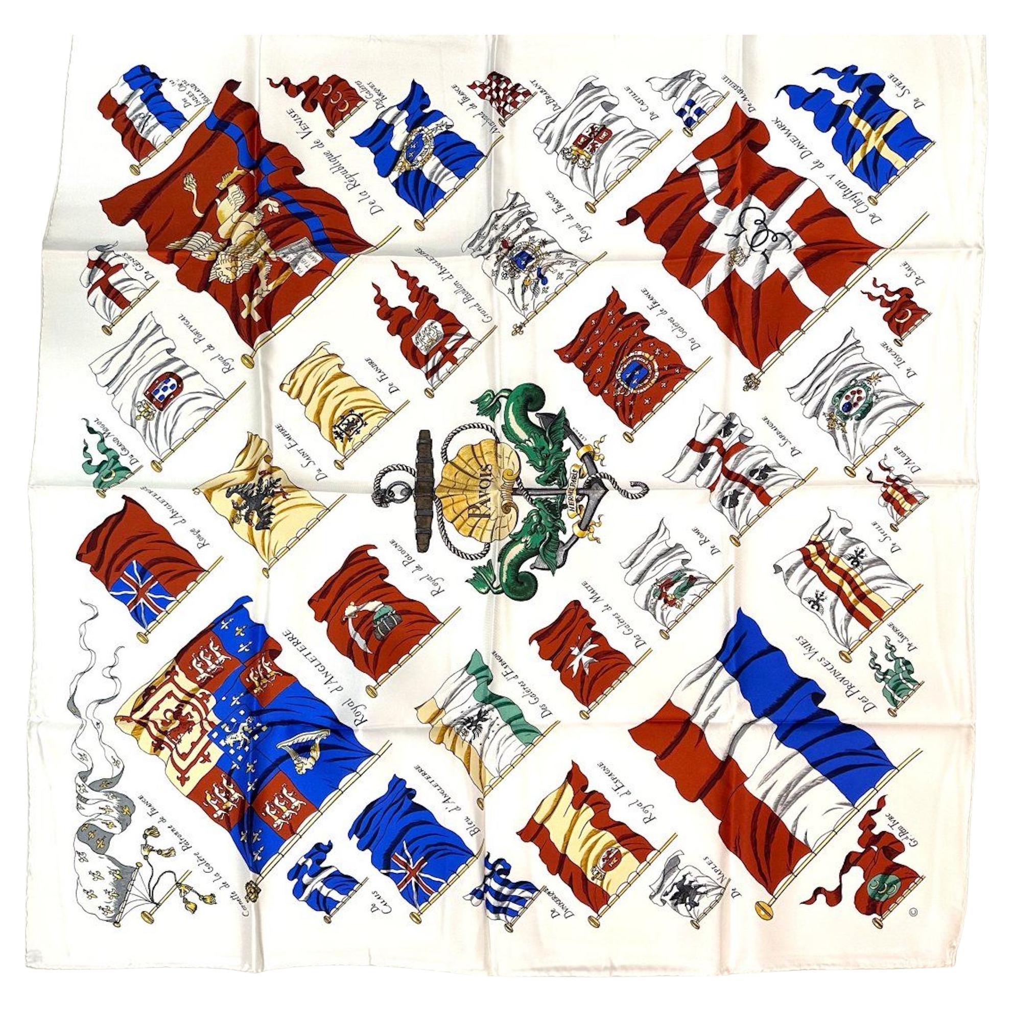 Hermes Silk Scarf, Cornette De La Galere Patronne de France with box and ribbon For Sale