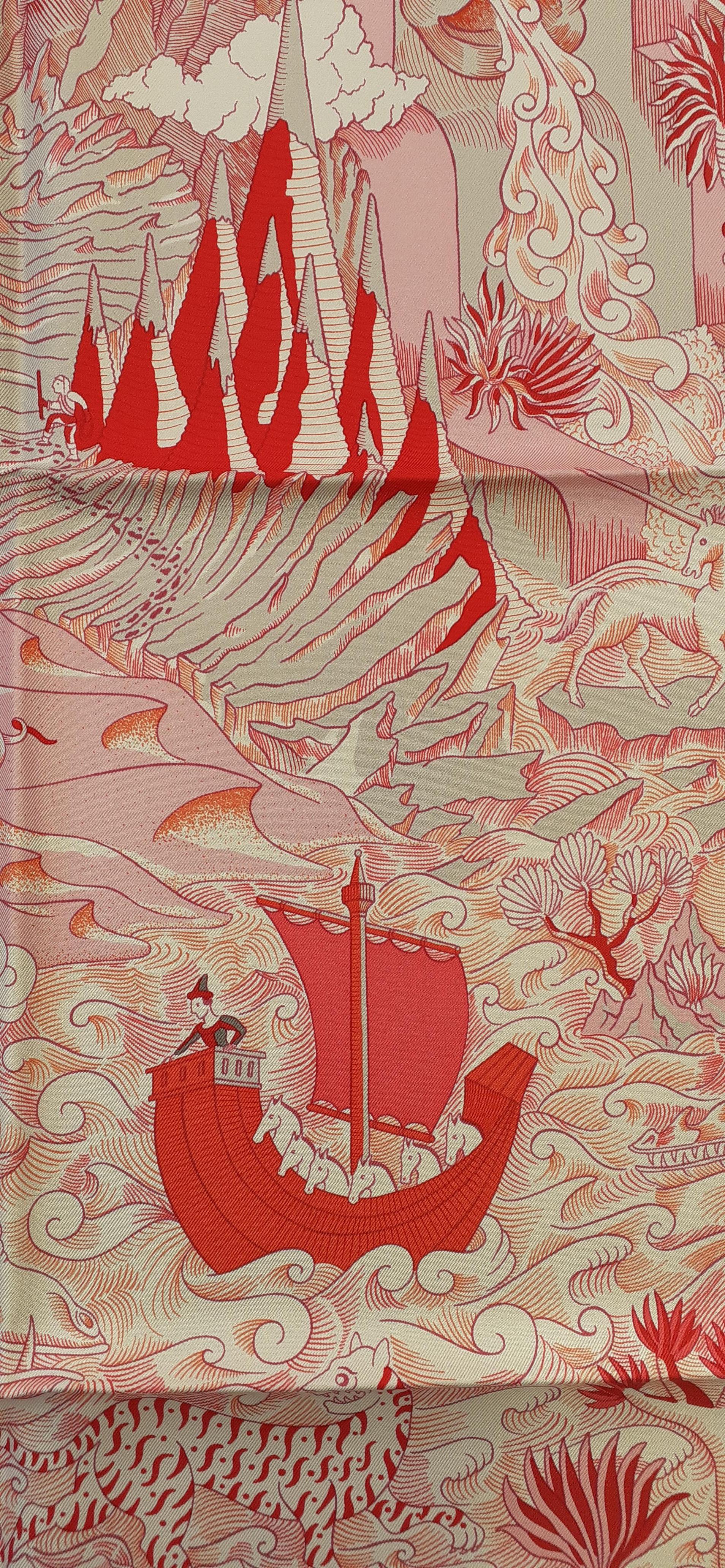 Hermès - Écharpe en soie Cosmographia Universalis rose, rouge et blanche 90 cm en vente 7