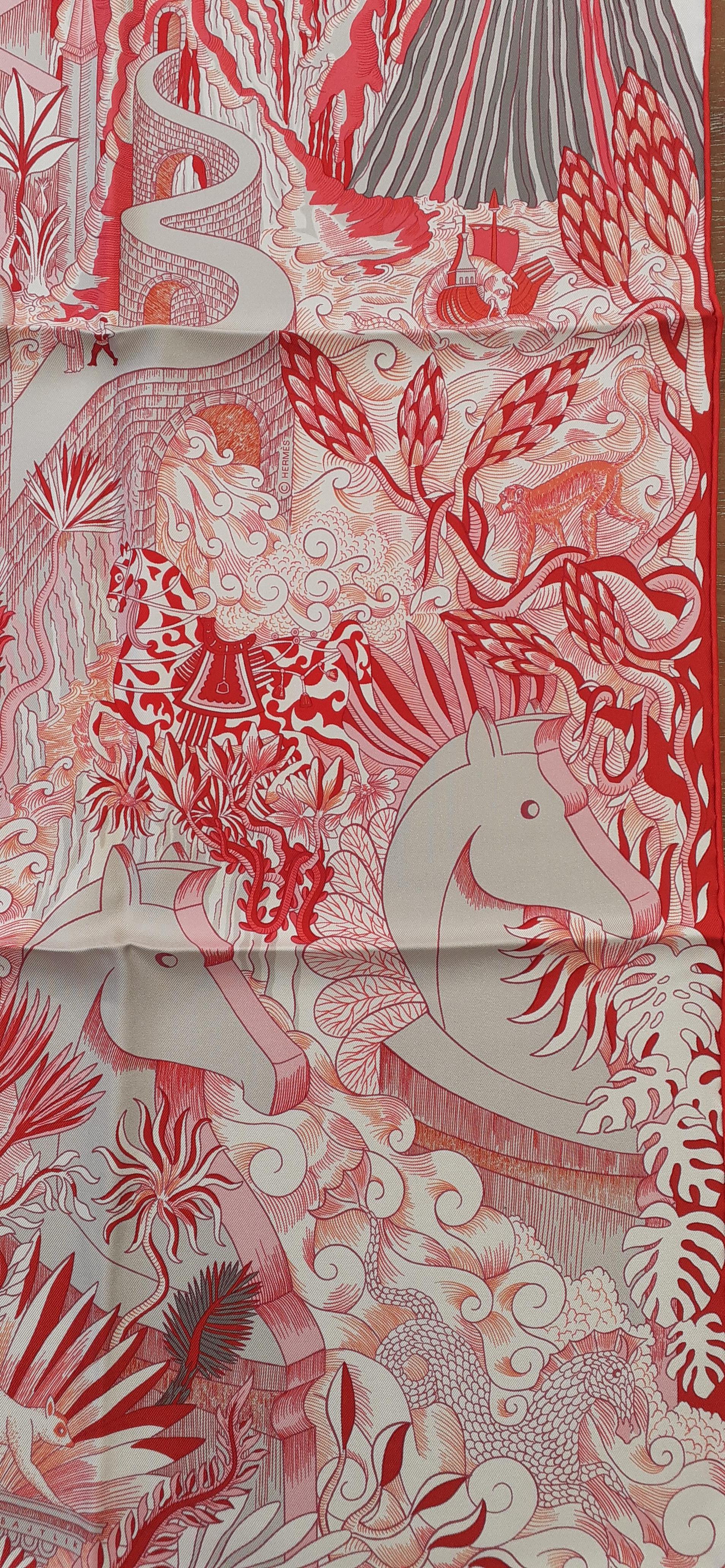 Hermès - Écharpe en soie Cosmographia Universalis rose, rouge et blanche 90 cm en vente 3