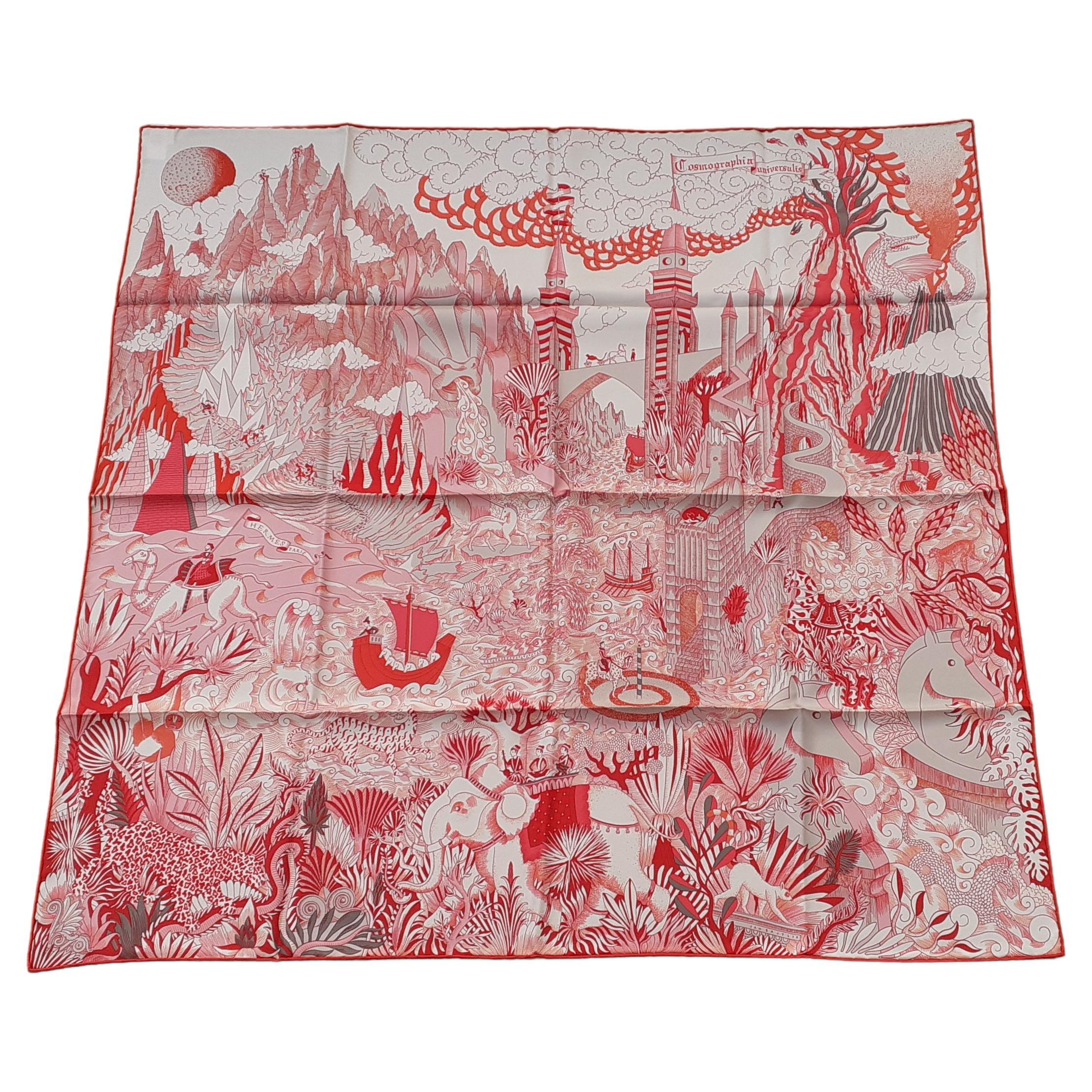 Hermès - Écharpe en soie Cosmographia Universalis rose, rouge et blanche 90 cm en vente