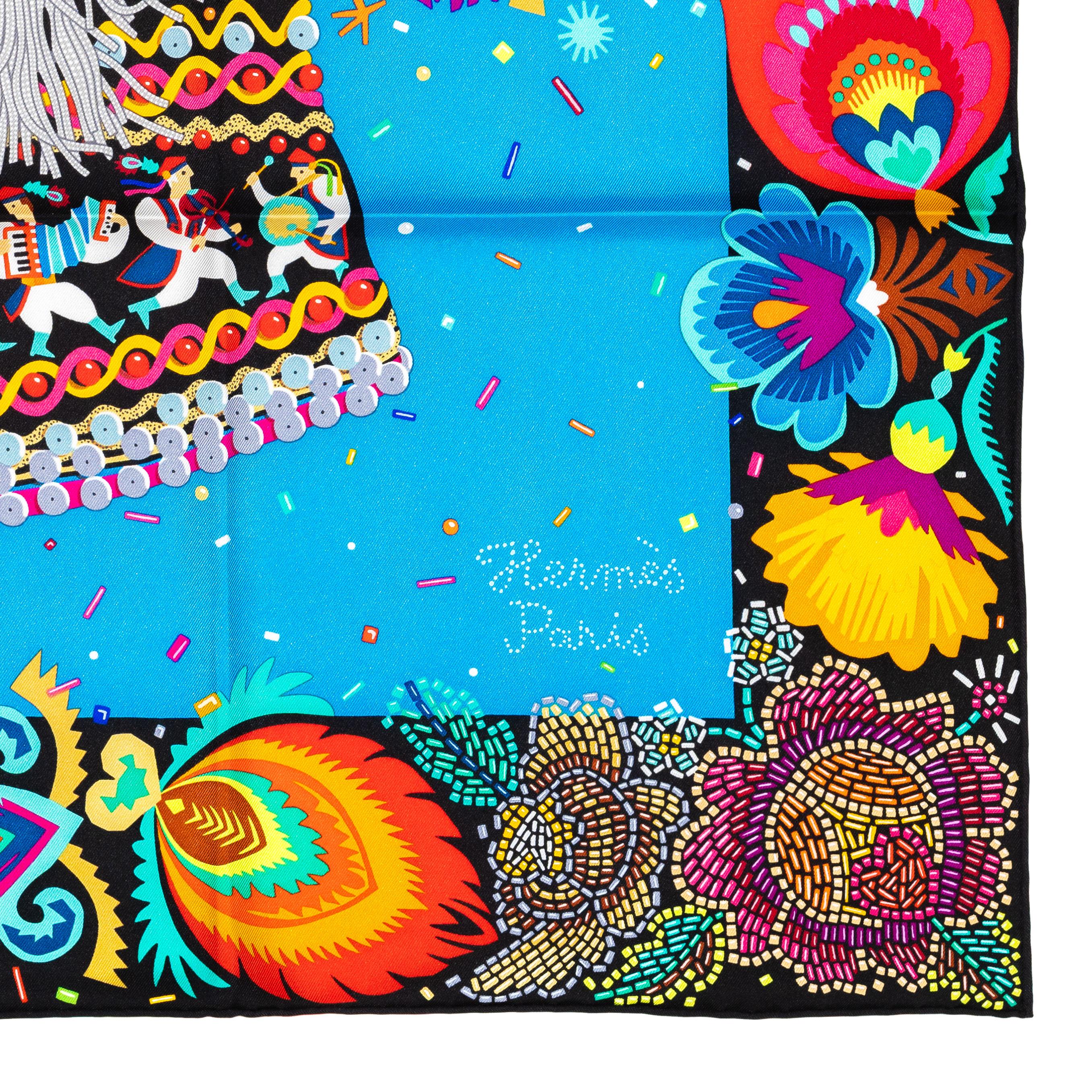 Echarpe en soie Hermes Costume de Fête - Noir - Bleu Azur - New / Store Tag en vente 7