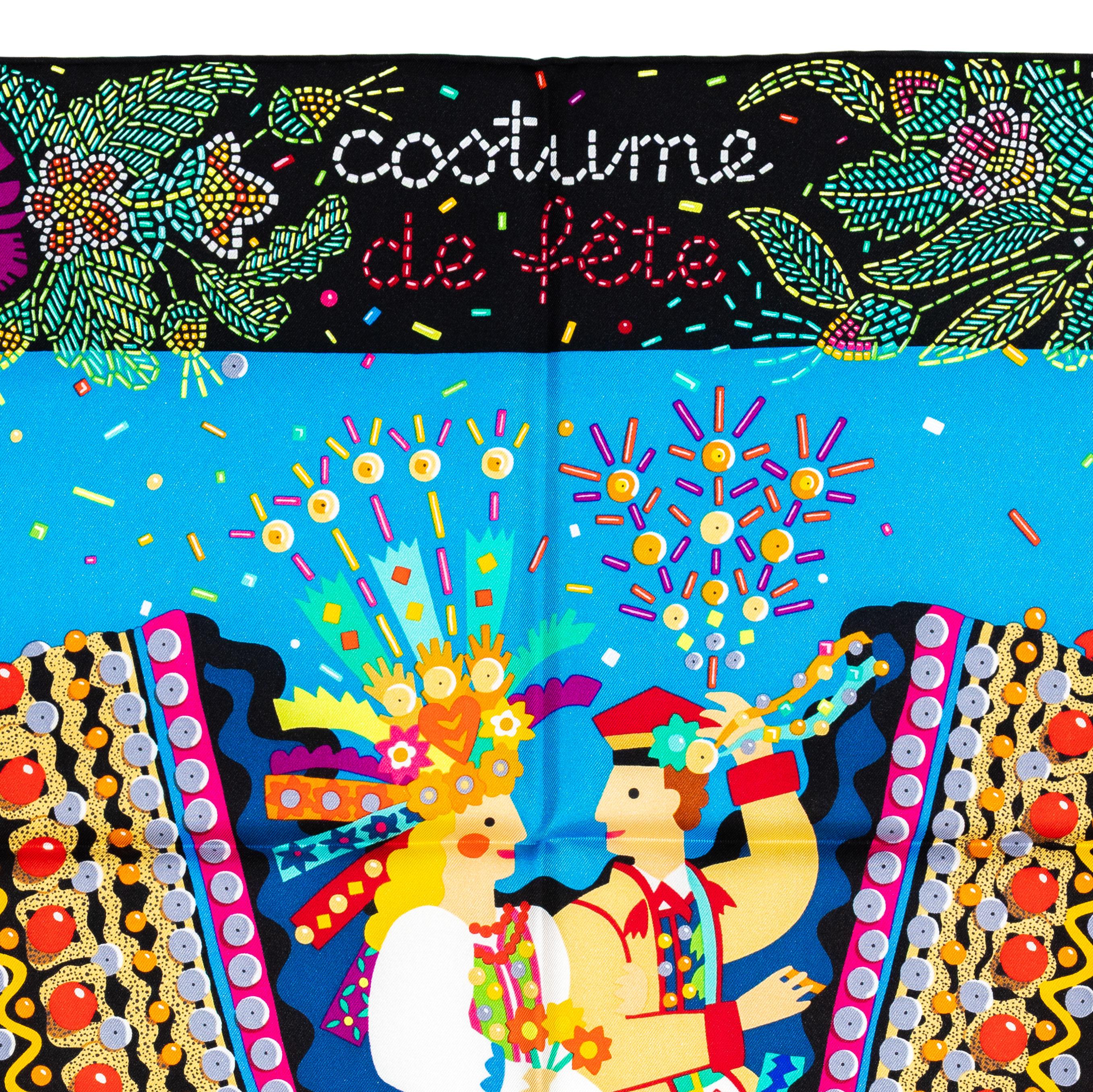 Echarpe en soie Hermes Costume de Fête - Noir - Bleu Azur - New / Store Tag Pour femmes en vente