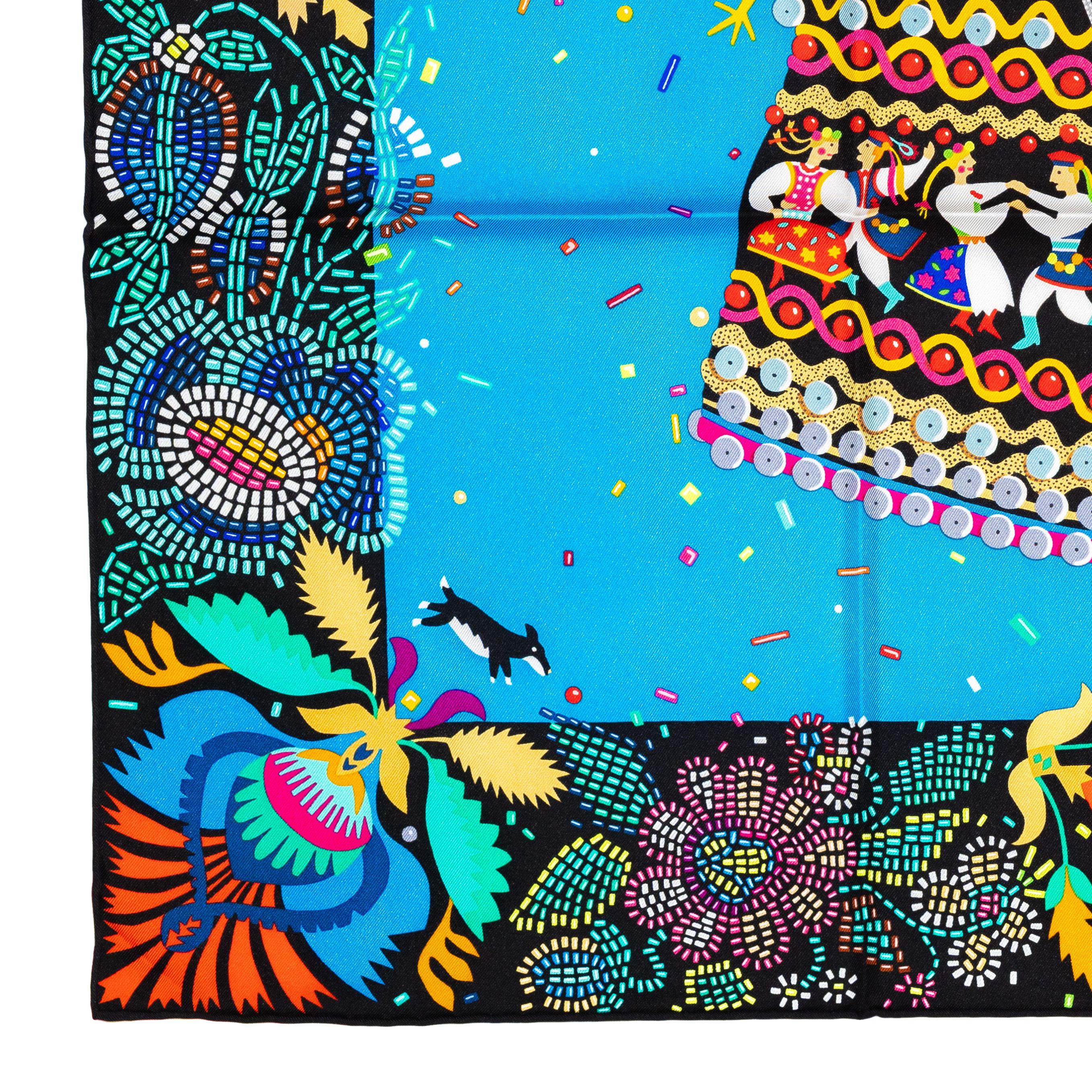 Echarpe en soie Hermes Costume de Fête - Noir - Bleu Azur - New / Store Tag en vente 5