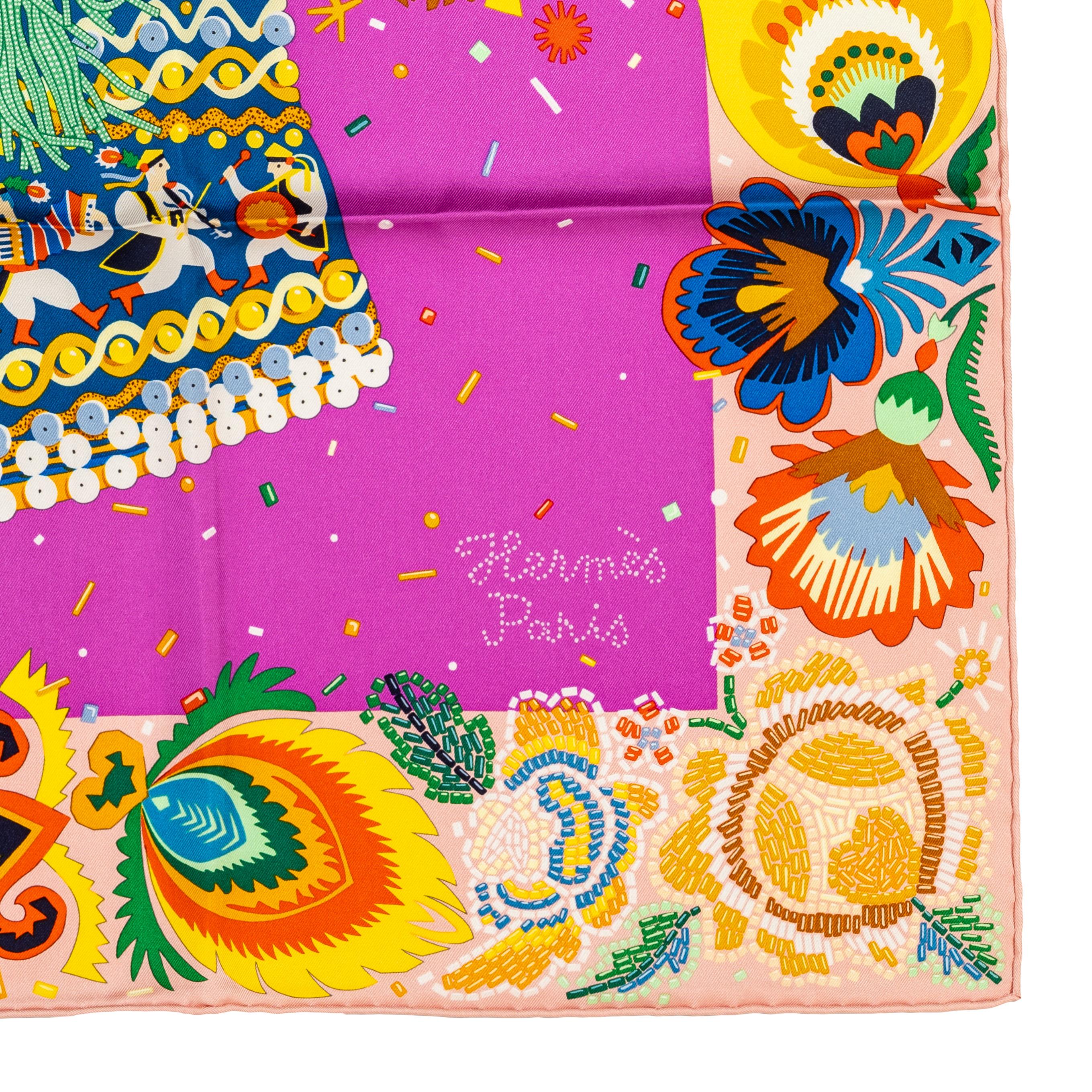 Echarpe en soie Hermes - Costume De Fête - Rose Poudre Cyclamen - New With Tag en vente 9