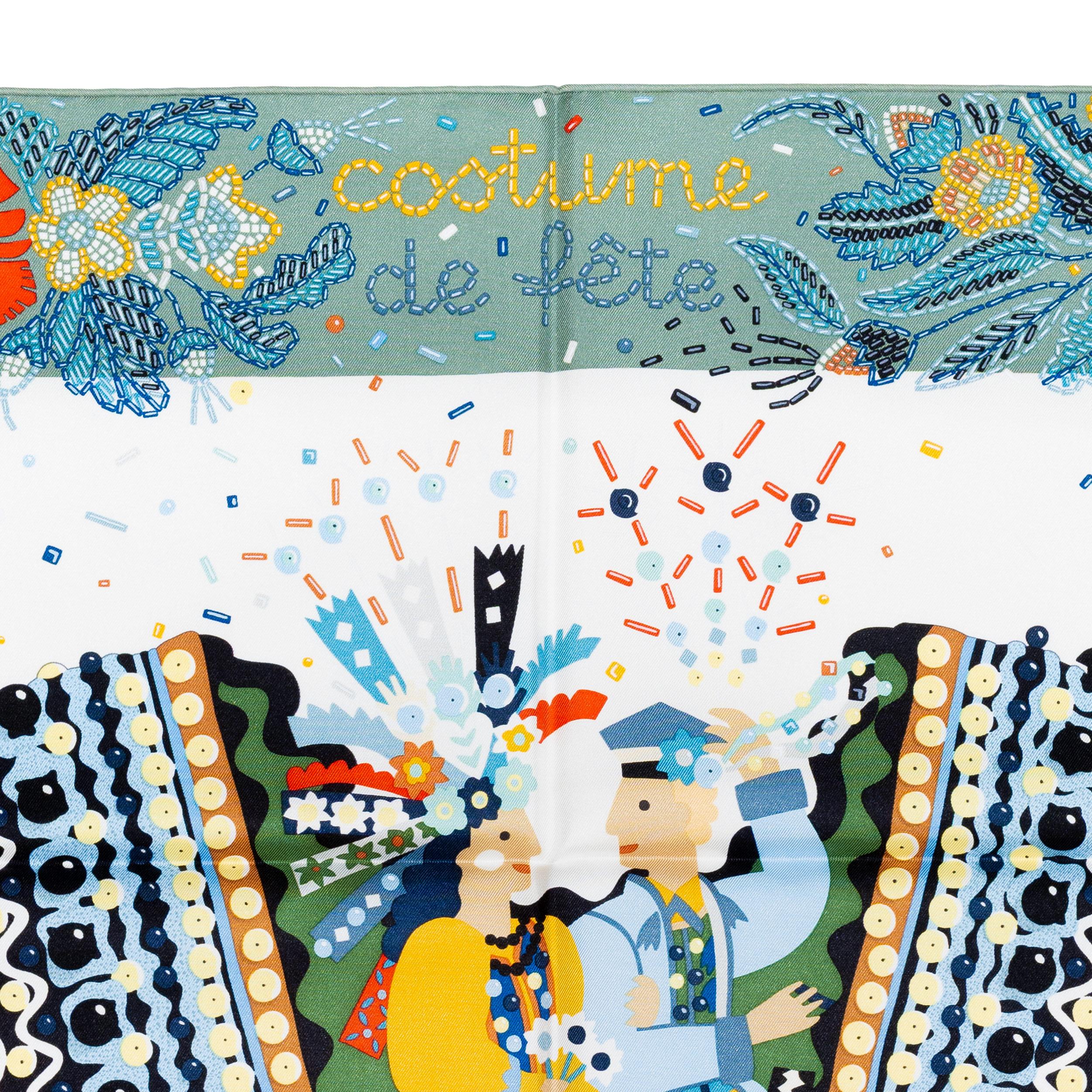 Hermes Seidenschal Costume de Fête - Vert de Gris Blanc - Neu / Store Tag im Zustand „Neu“ im Angebot in Ottawa, CA