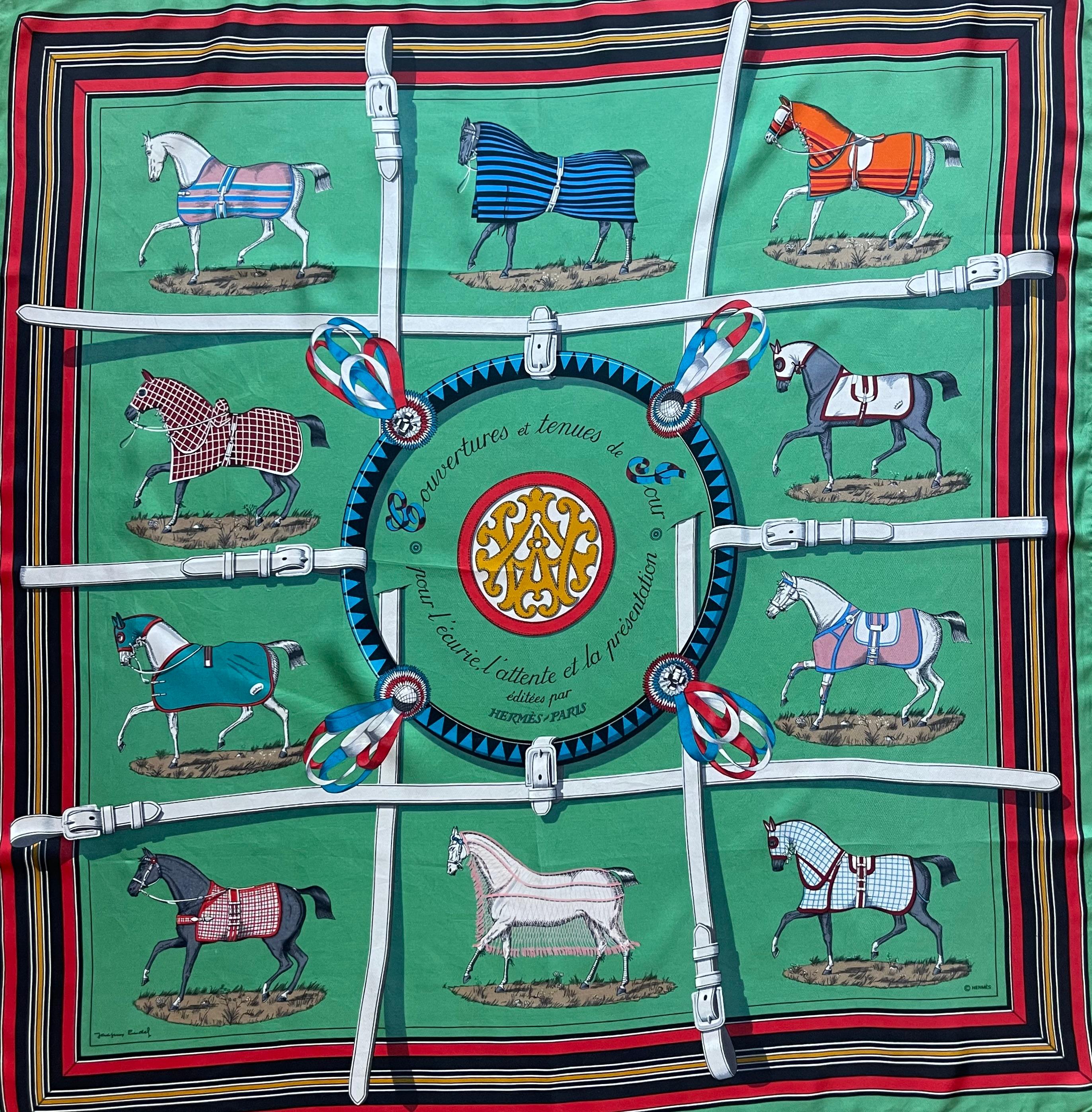 This beautiful scarf was designed in 1962 by Jacques Eudes and then reissued in 2000 due to it’s popularity. The design on this scarf represents perfectly the brand adoration towards horses and anything equestrian. The colors are bold and vibrant,