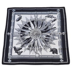 Écharpe en soie Hermès Cuillers d'Afrique Caty Latham White Black 90 cm