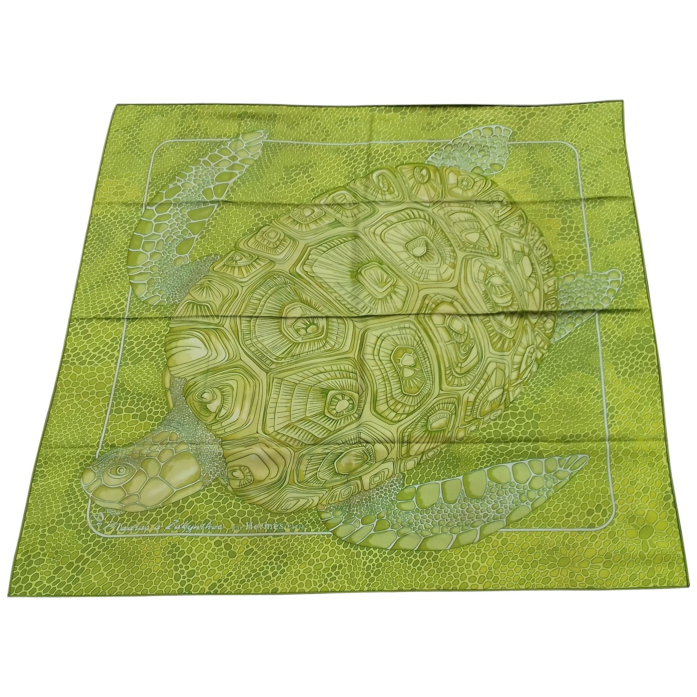 Hermès Silk Scarf De Madras A Zakynthos Turtle Anise Green 35 inches