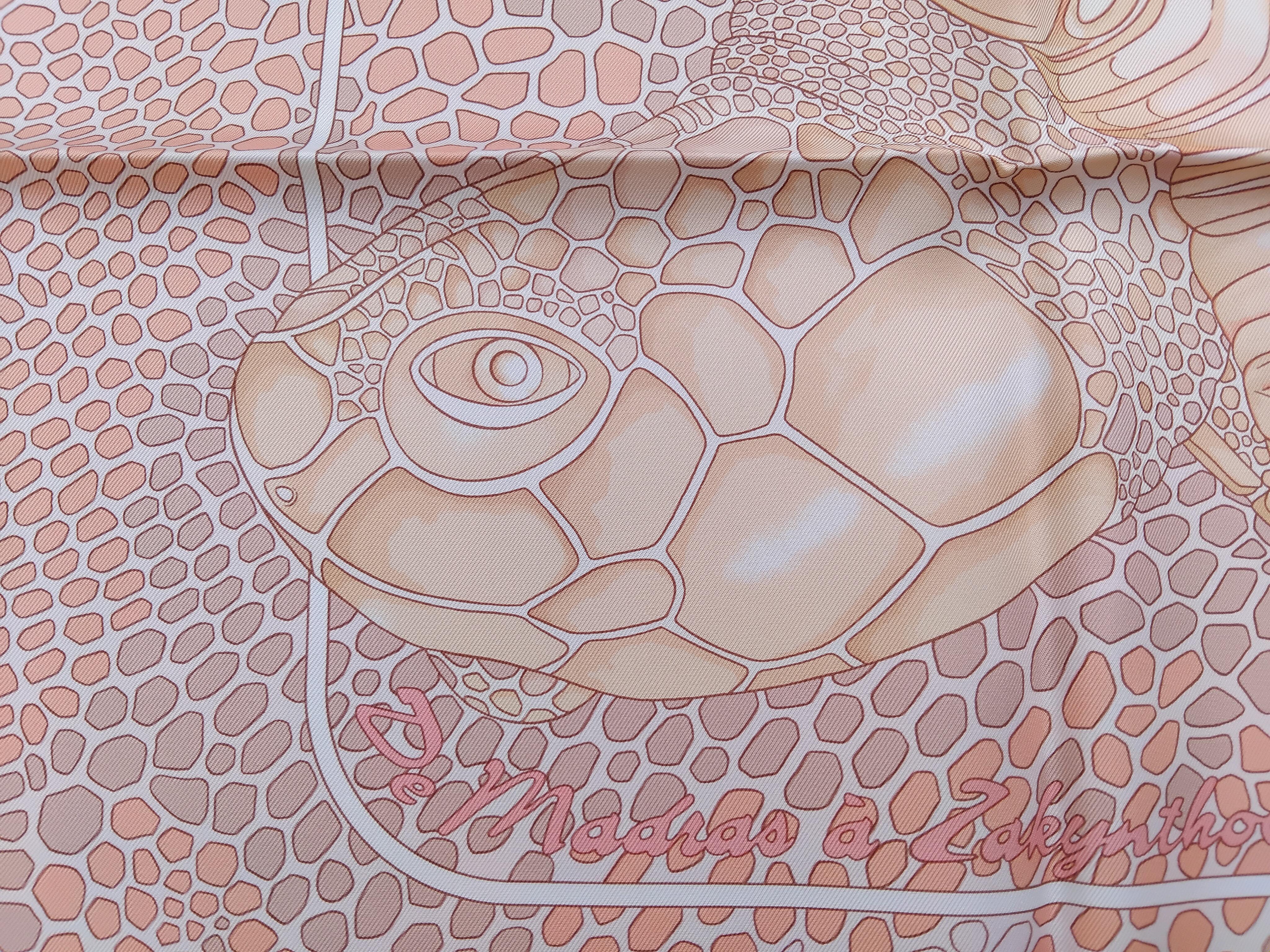Brown Hermès Silk Scarf De Madras A Zakynthos Turtle Pink Beige 35 inches For Sale