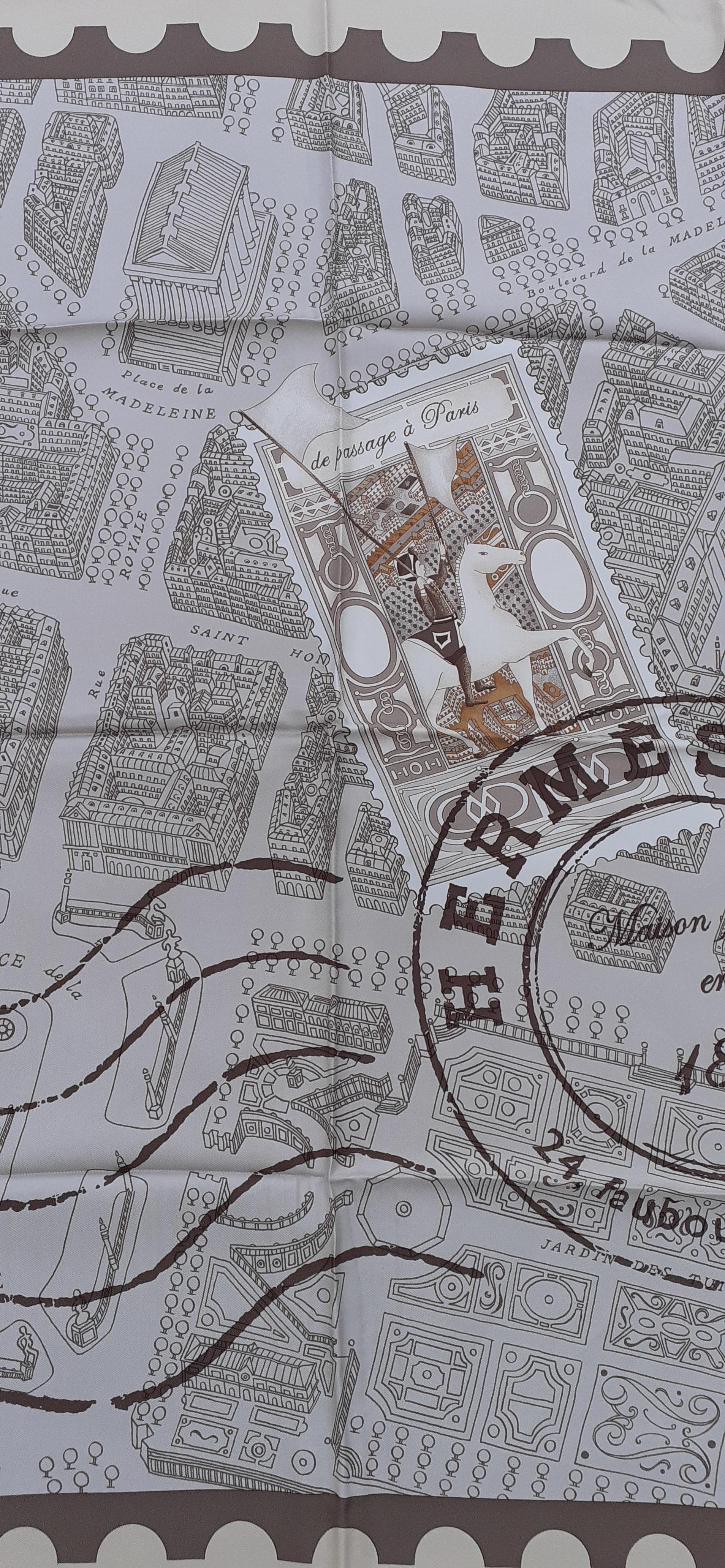 Hermès Silk Scarf De Passage A Paris Nathalie Vialars Beige Brown 35 inches 4