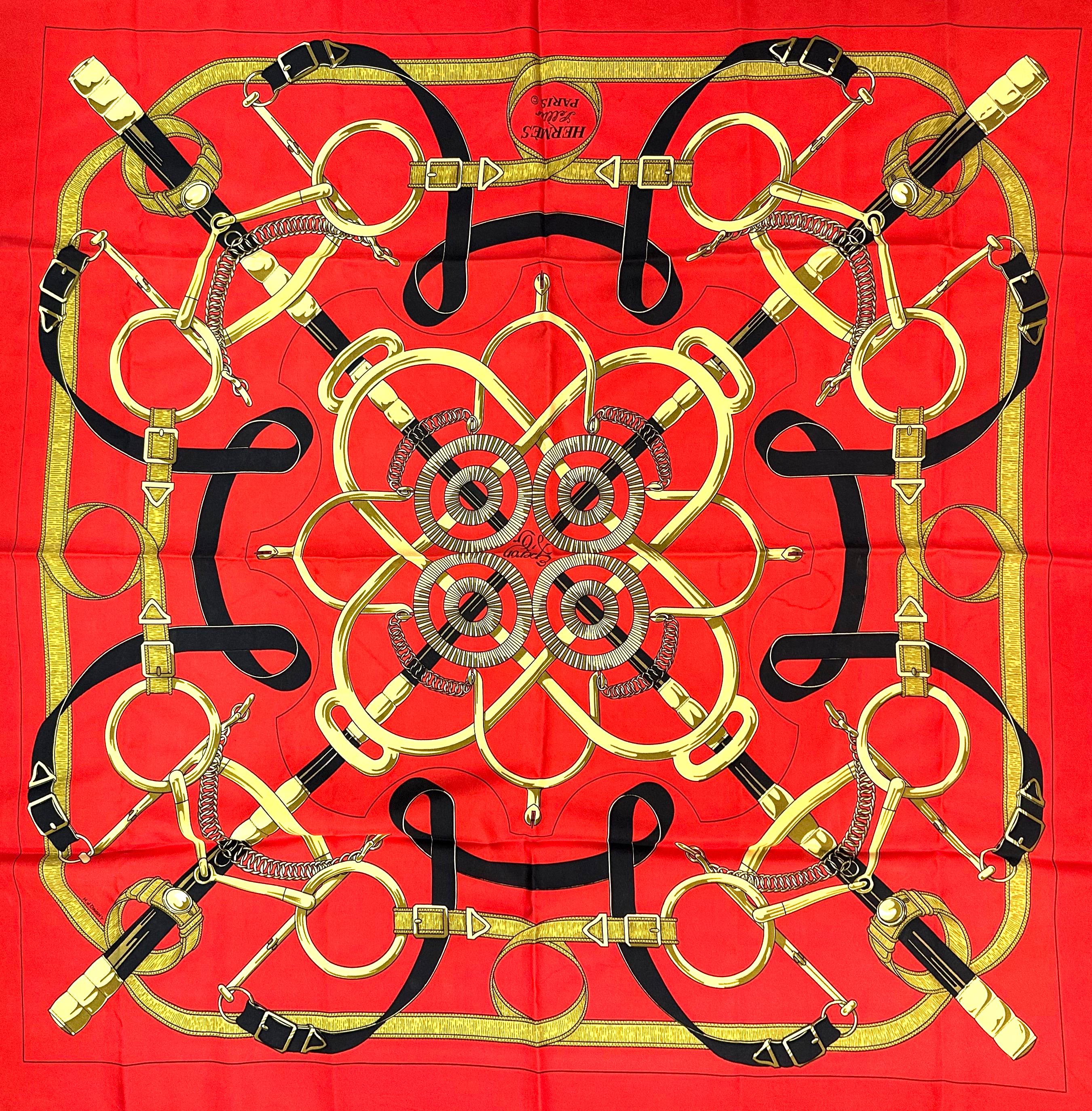 
Hermes Silk Scarf, Eperon d'Or,
original design by Henri d'Orginy, with box and ribbon. 35 by 35 in.
Condition Report
Good condition

