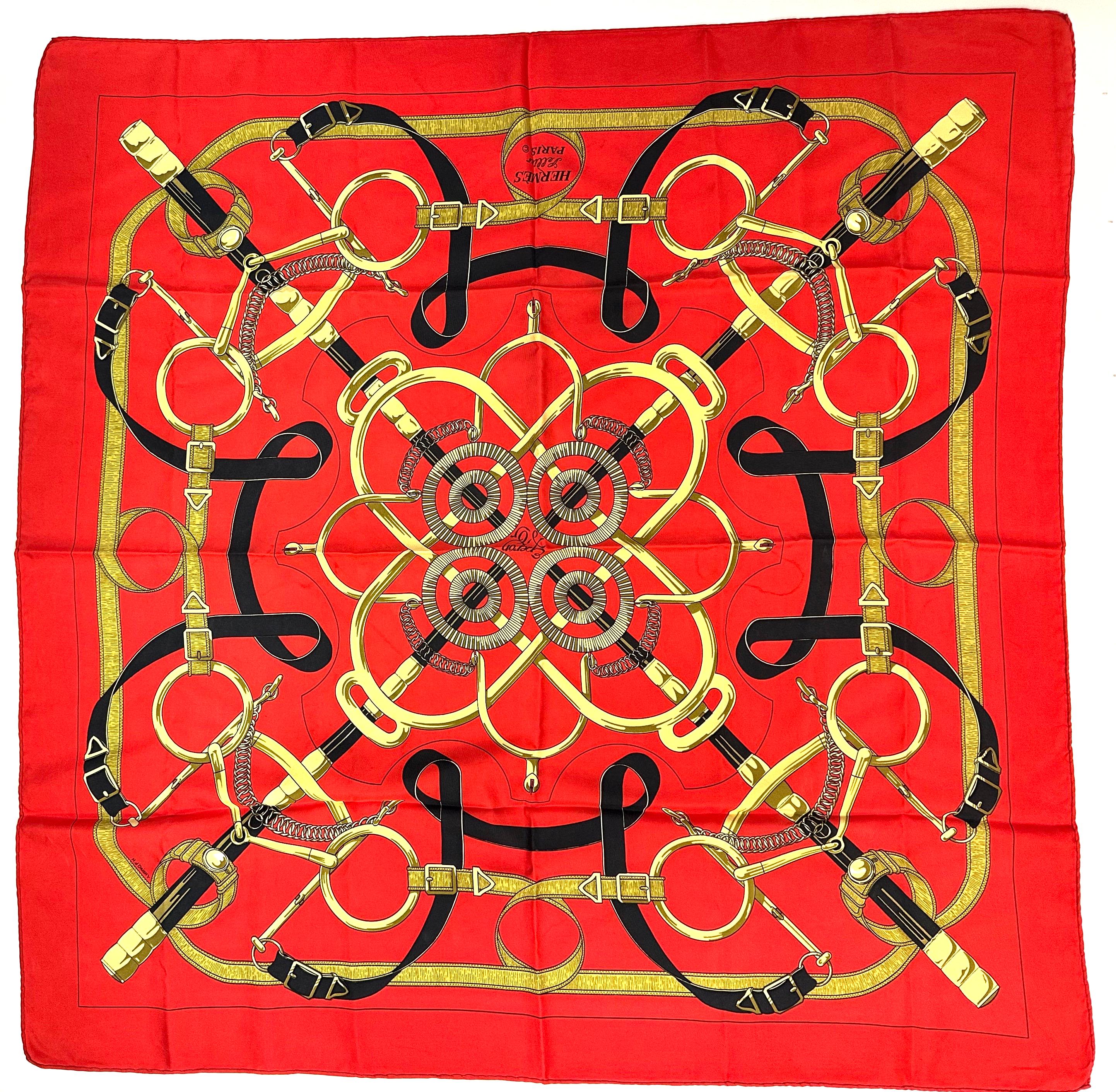 Red Hermes Silk Scarf, Eperon d'Or For Sale
