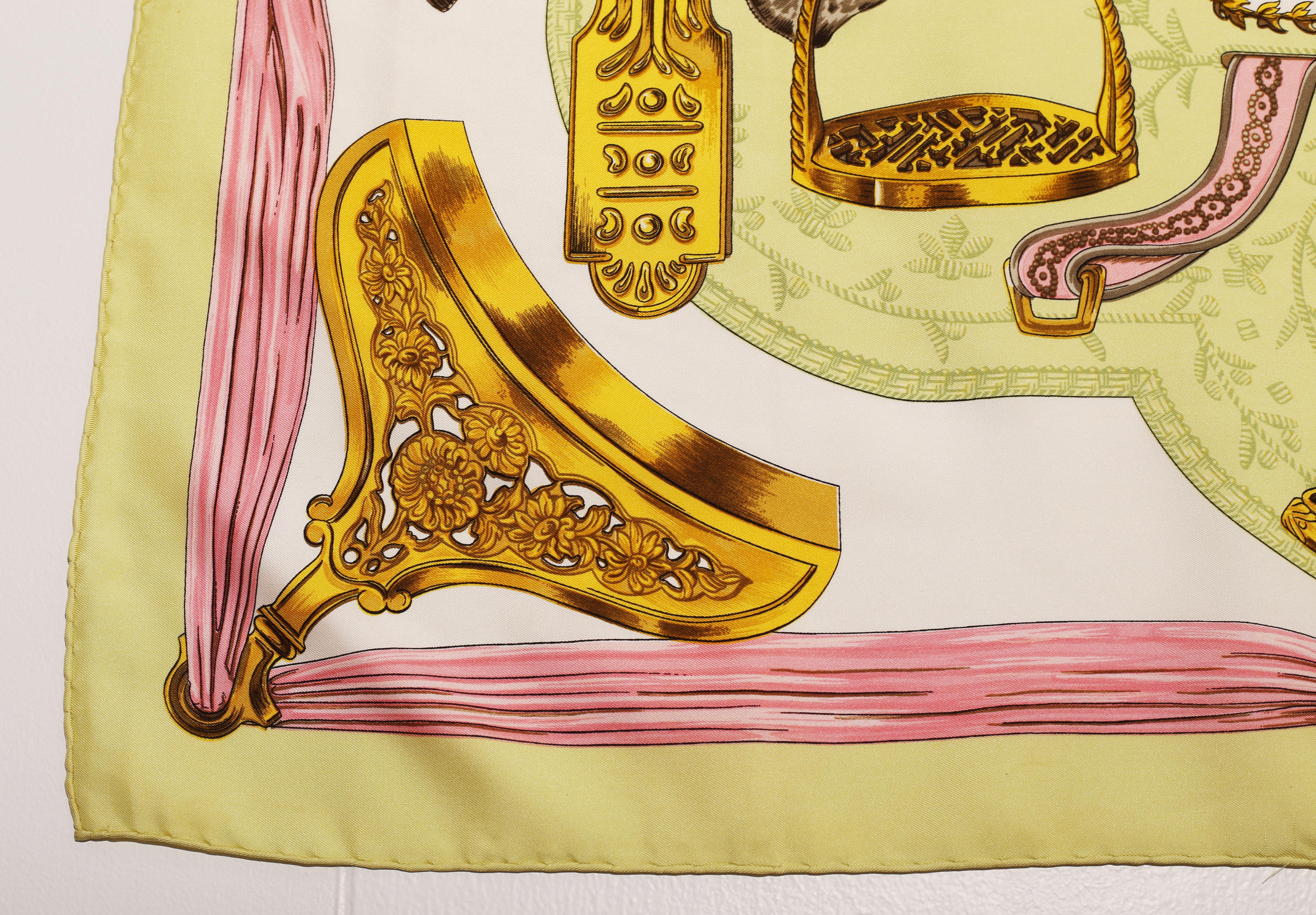 HERMES Scarf  Silk Scarf 100%  Paris, Made In France 
TheEtriers was designed by Françoise de la Perrière for the Maison Hermès and first issued in 1964.
At the center, a huge Peruvian pyramide shaped stirrup dating back to the second half of the