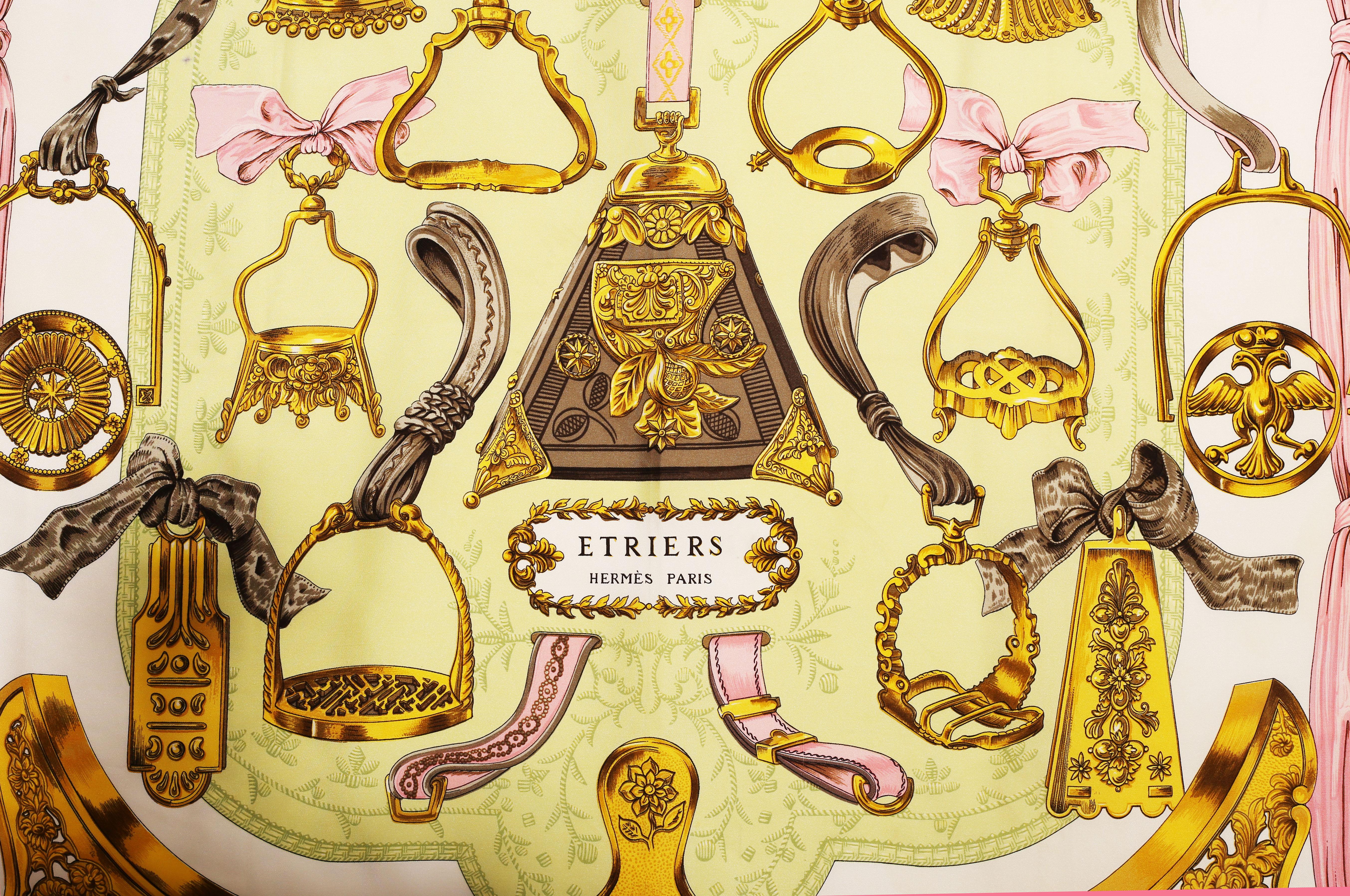 Beige HERMES Silk Scarf Etriers by Françoise de la Perriere circa 1985