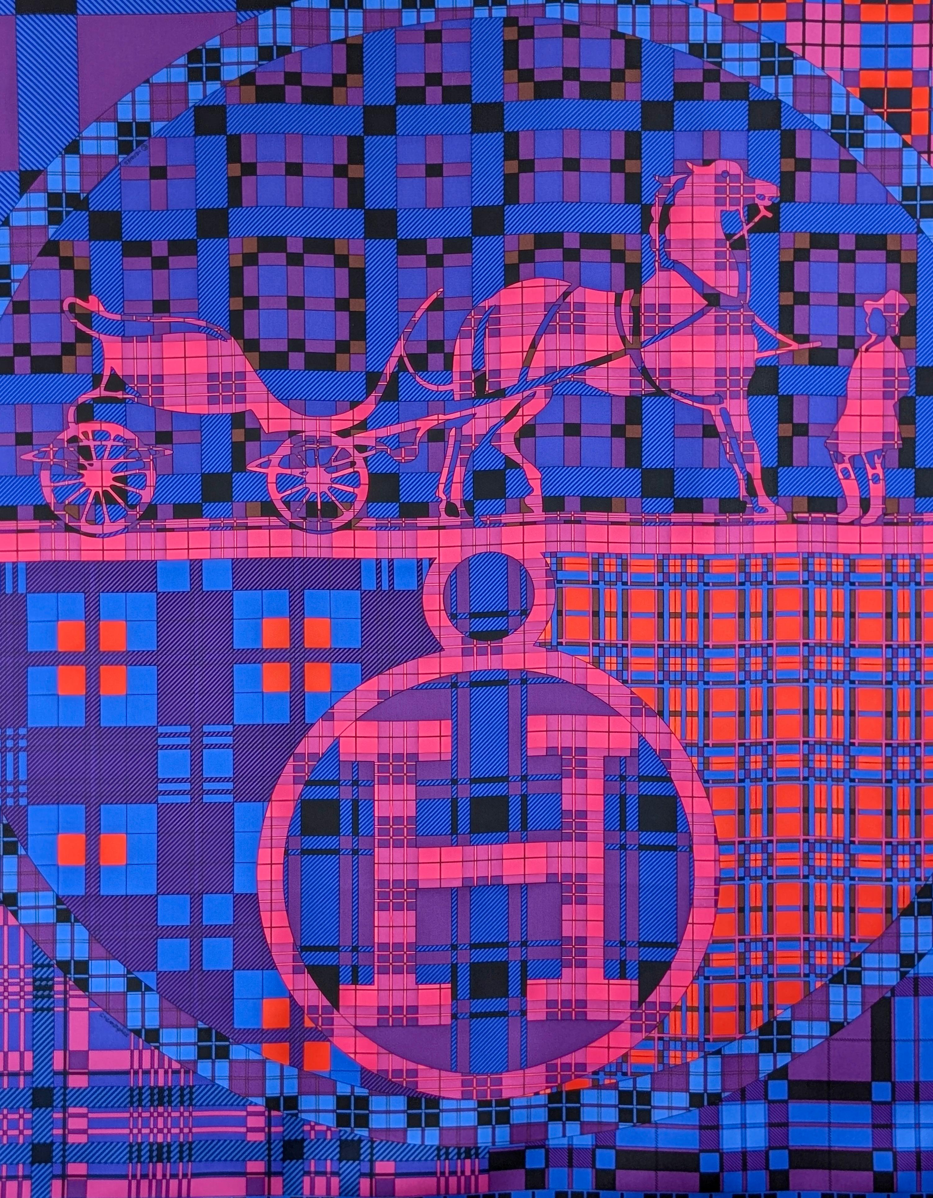 HERMÈS
Silk scarf  
Title: EX LIBRIS À CARREAUX
Designed by Anamorphée
Year: 2014
100% silk with hand-rolled edges
cm. 90xcm.90 circa
Made in France
Blue dur/Fuchsia/ Violet
Condition: Excellent

