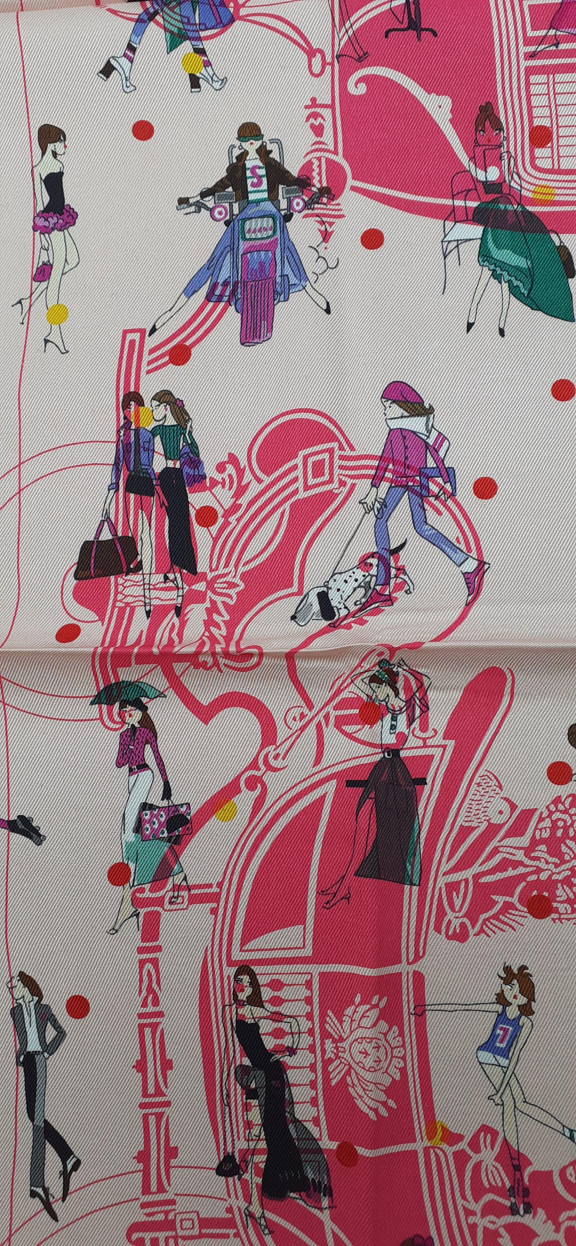 Hermès Silk Scarf Ex Libris Les Parisiennes  Grygkar Kiraz Pink 65 cm For Sale 7