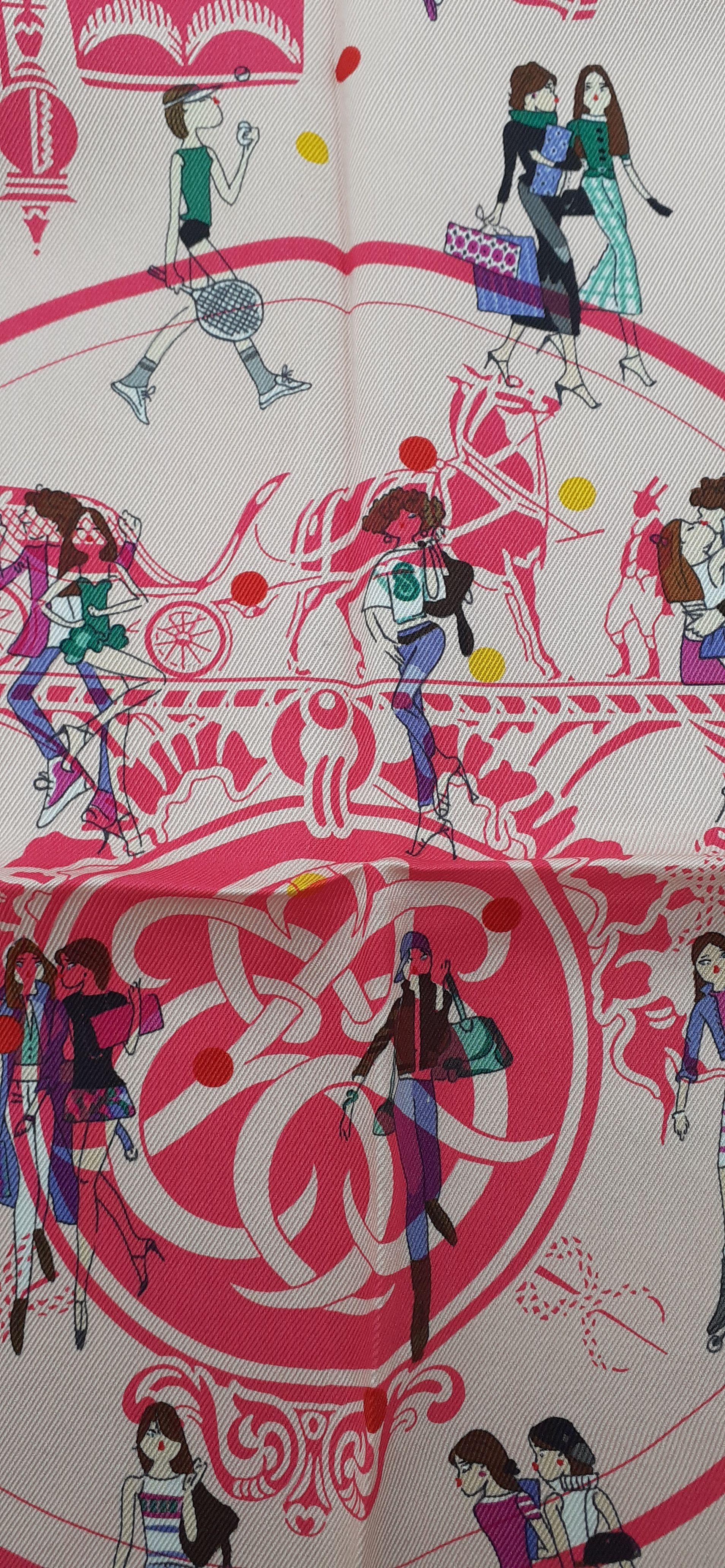 Hermès Silk Scarf Ex Libris Les Parisiennes  Grygkar Kiraz Pink 65 cm For Sale 9