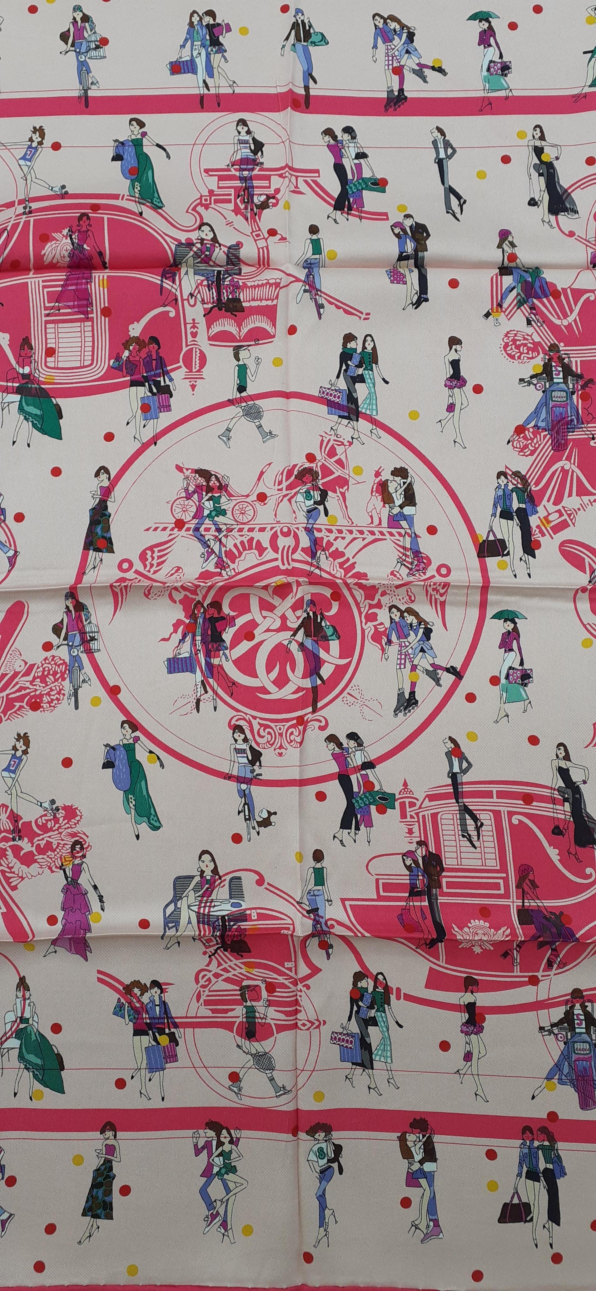 Women's Hermès Silk Scarf Ex Libris Les Parisiennes  Grygkar Kiraz Pink 65 cm For Sale