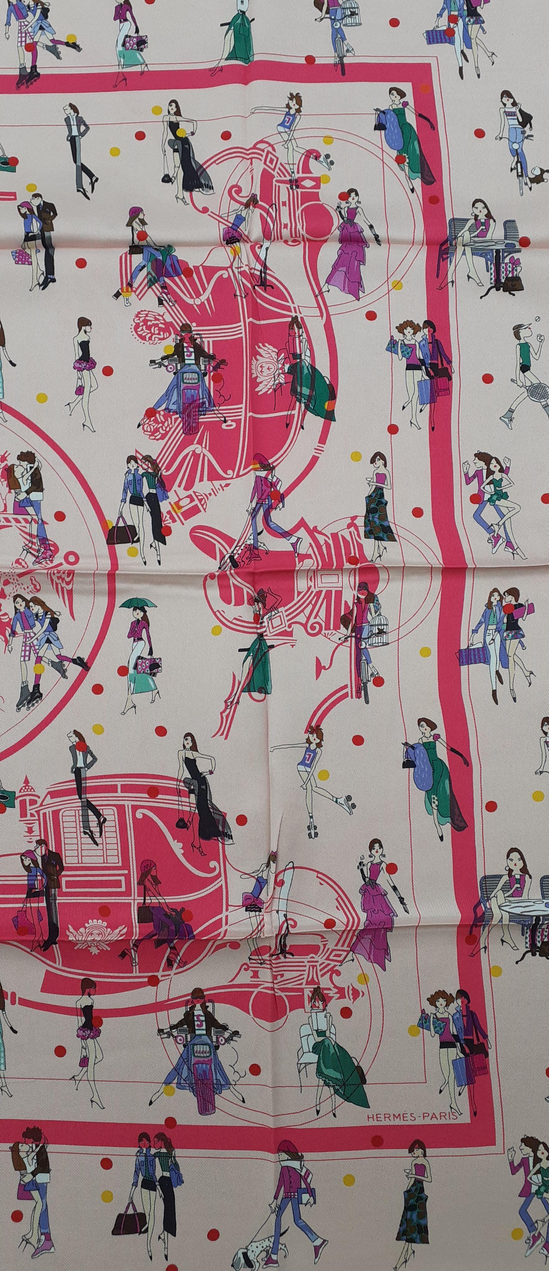 Hermès Silk Scarf Ex Libris Les Parisiennes  Grygkar Kiraz Pink 65 cm For Sale 1