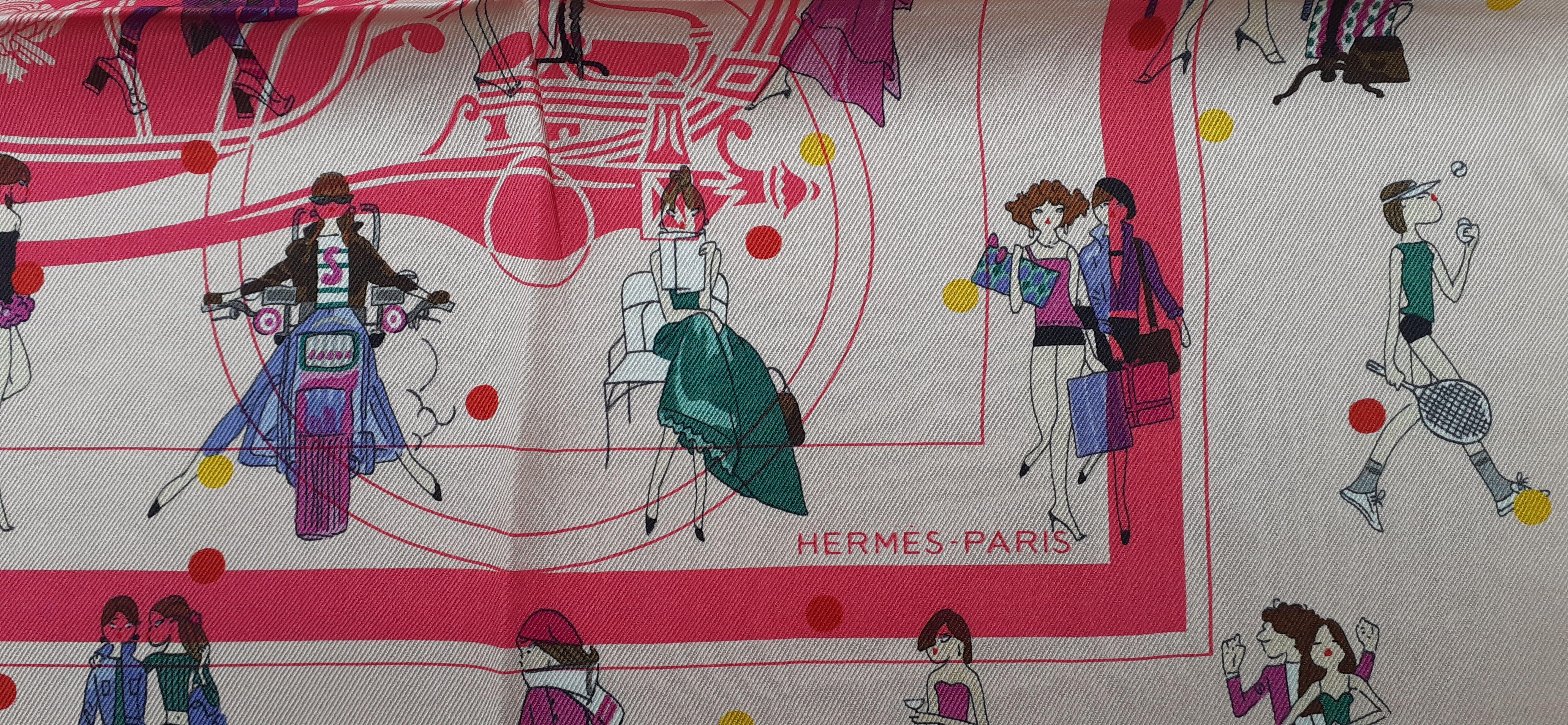 Hermès Silk Scarf Ex Libris Les Parisiennes  Grygkar Kiraz Pink 65 cm For Sale 3