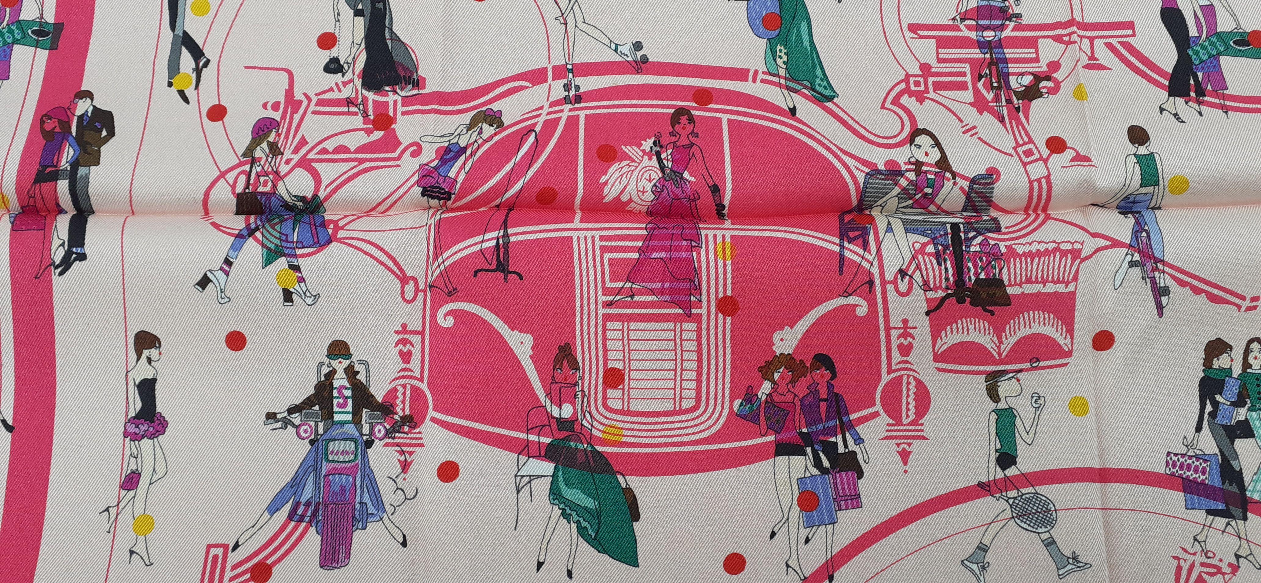 Hermès Seidenschal Ex Libris Les Parisiennes  Grygkar Kiraz Rosa 65 cm im Angebot 6