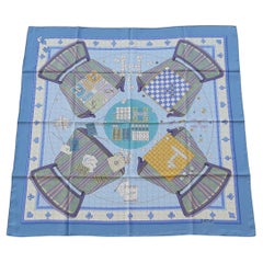 Foulard en soie Hermès Faites Vos Jeux Bleu Karen Petrossian 90 cm Rare