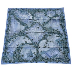 Hermès Seidenschal Fantaisie Pittoresque Houtin Blau Grün 90 cm Wunderschön