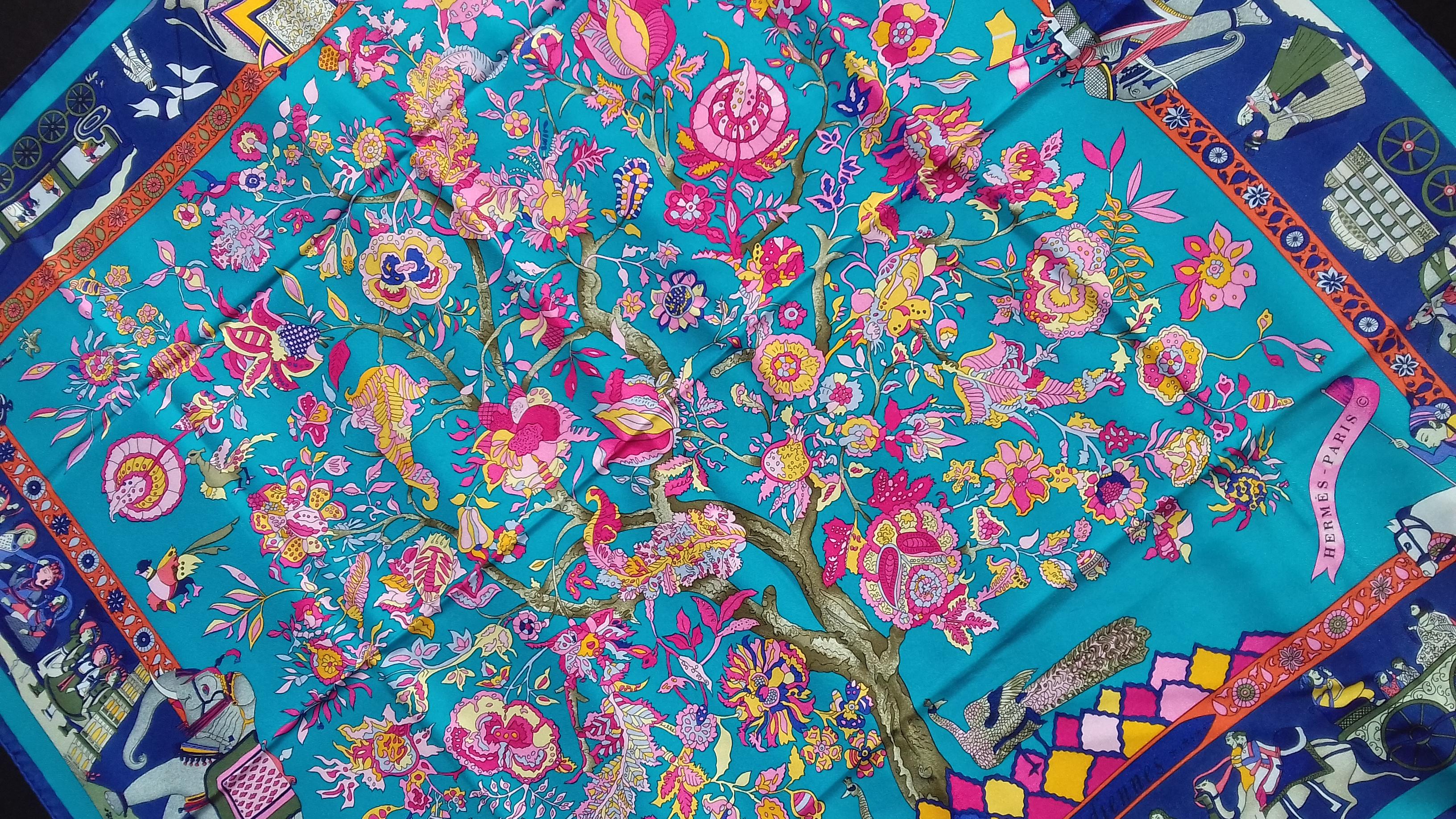 Hermès Silk Scarf Fantaisies Indiennes Dubigeon Year Of India from 1985 Blue 90 8