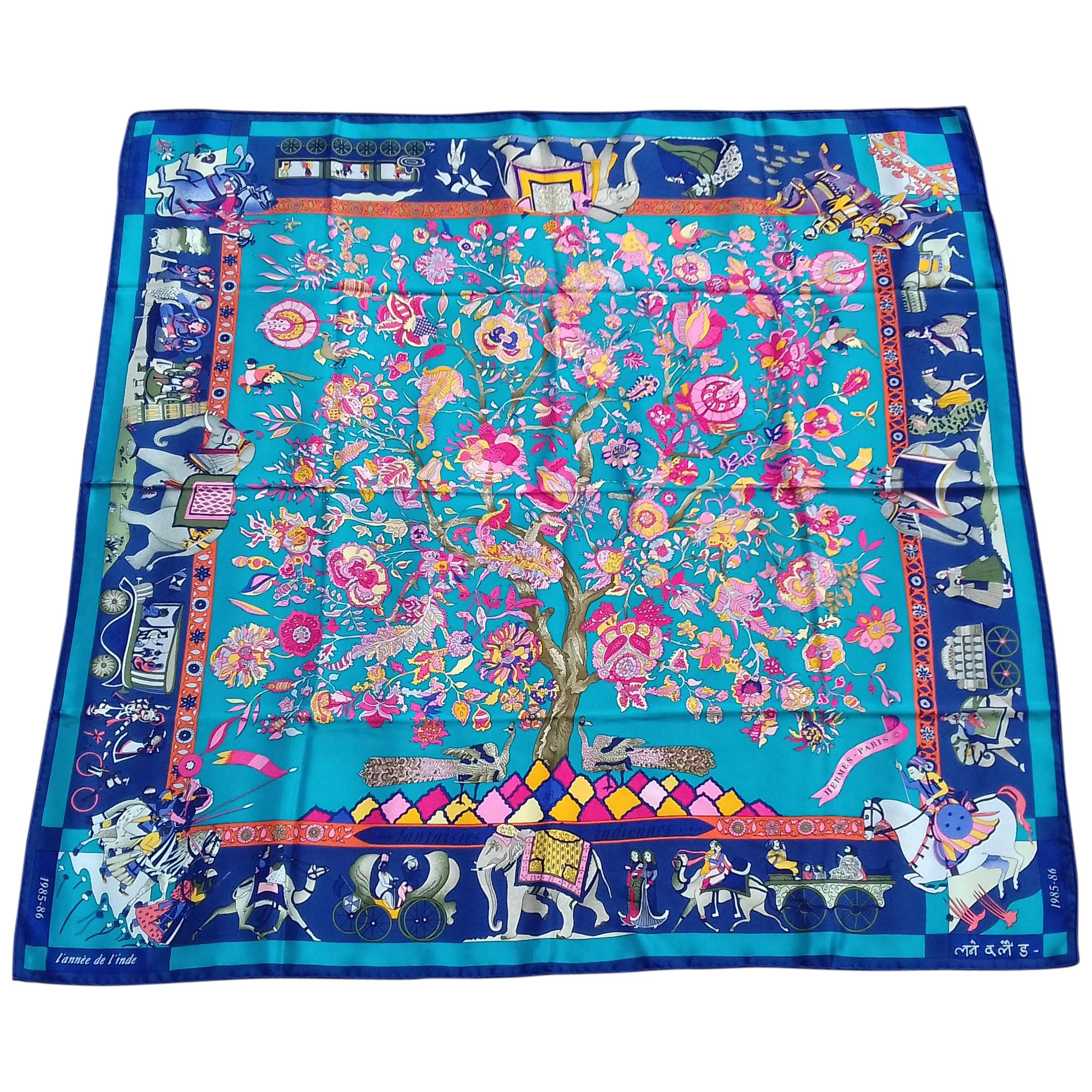 Hermès Silk Scarf Fantaisies Indiennes Dubigeon Year Of India from 1985 Blue 90