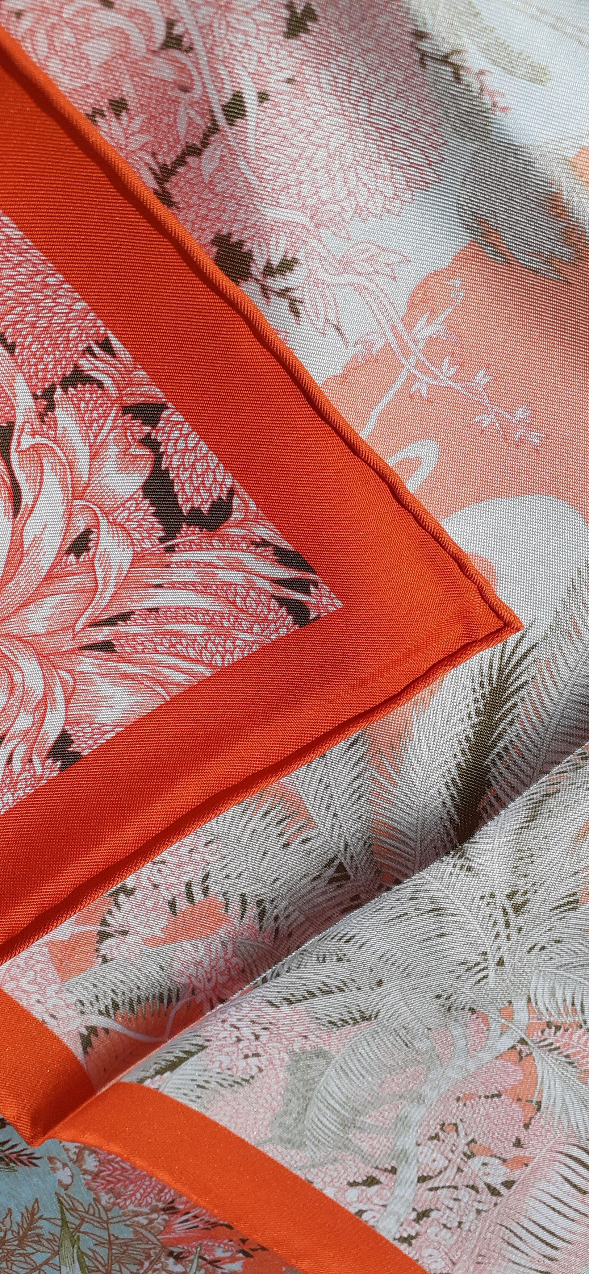 Hermès Silk Scarf Faubourg Tropical Orange Kaki Saumon 90 cm For Sale 11
