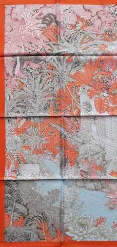 Echarpe en soie Hermès Faubourg Tropical Orange Kaki Saumon 90 cm