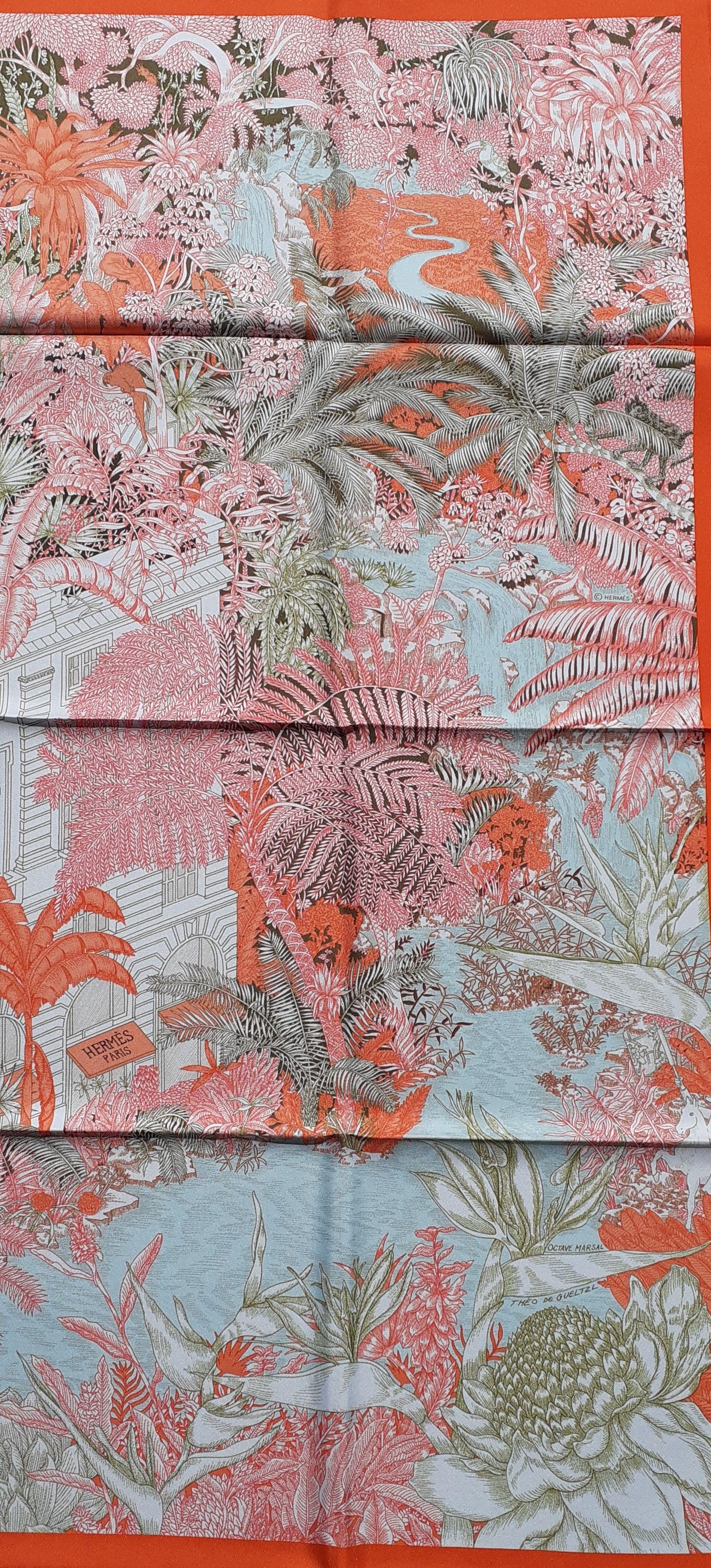 Hermès Silk Scarf Faubourg Tropical Orange Kaki Saumon 90 cm For Sale 1