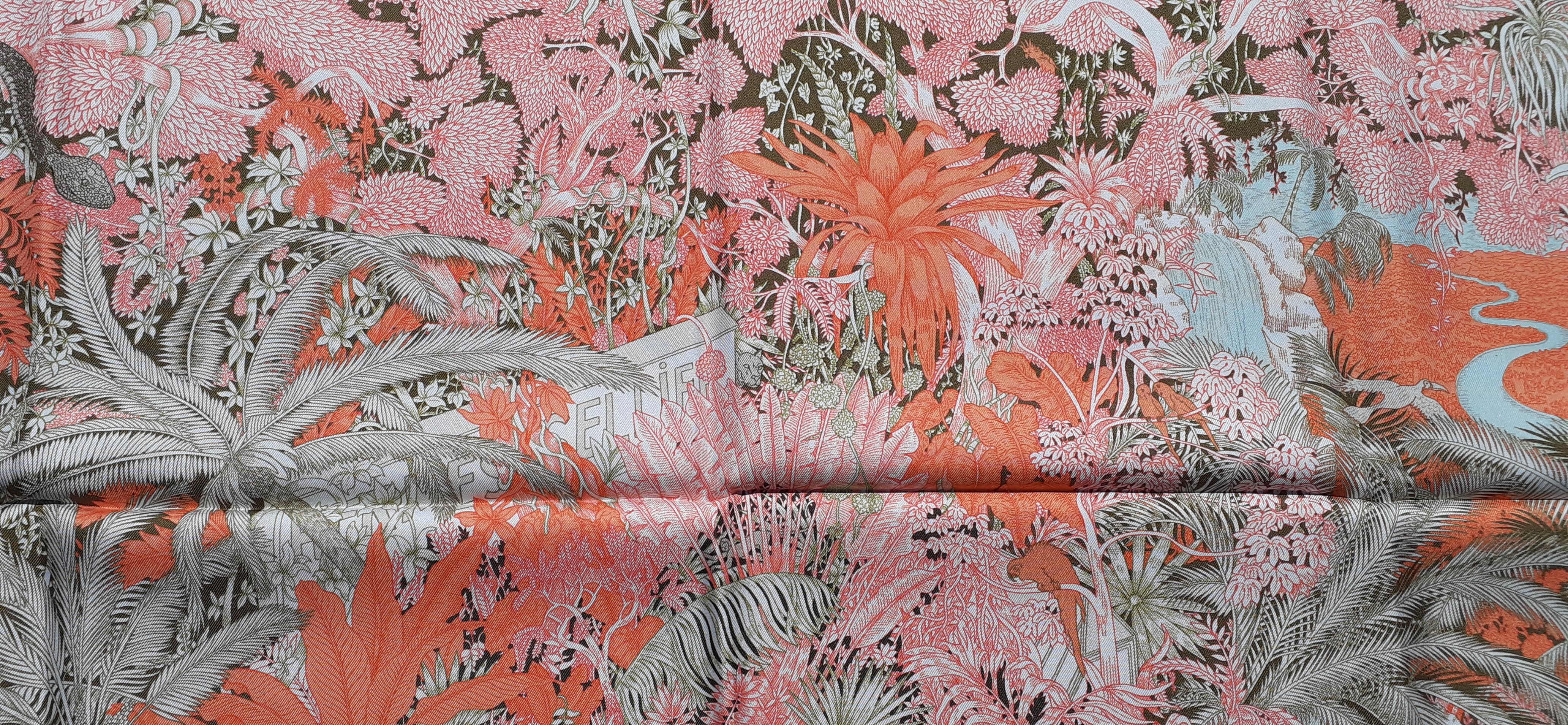 Hermès Silk Scarf Faubourg Tropical Orange Kaki Saumon 90 cm For Sale 6