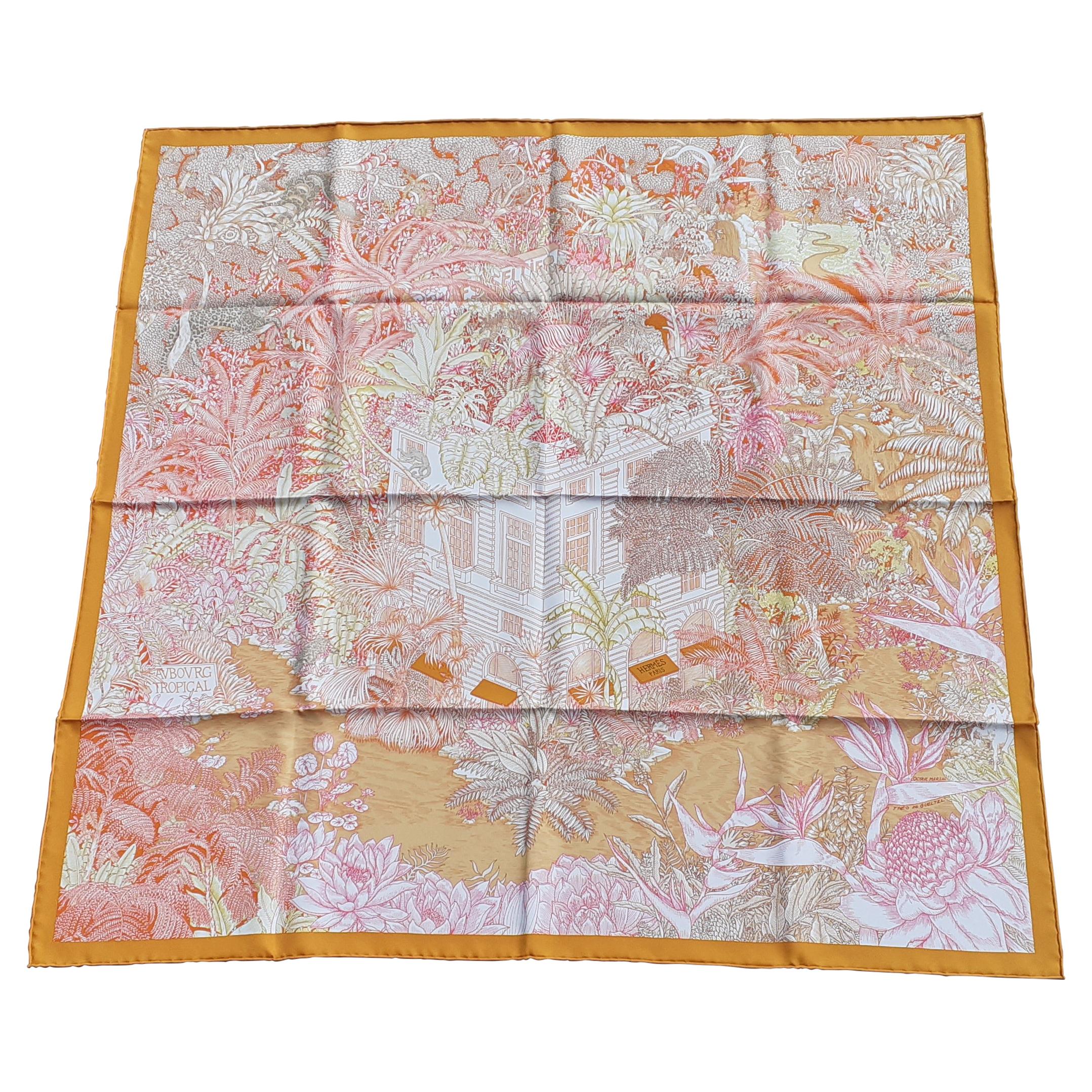 Hermès Silk Scarf Faubourg Tropical Orange Mangue Rose 90 cm